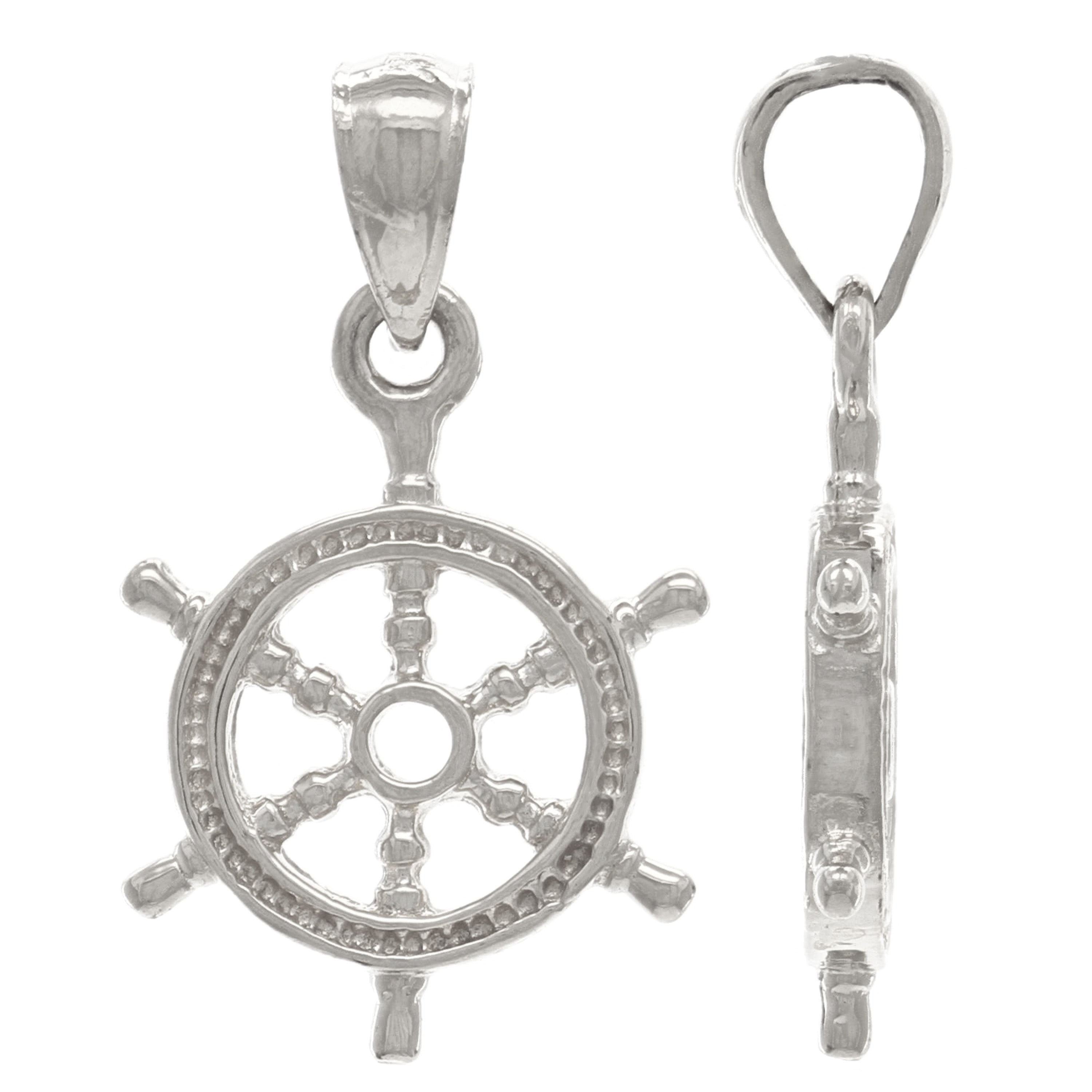 14K White Gold Solid 3D Ships Wheel Charm Pendant 19mm x 13.9mm 1.9 grams - White