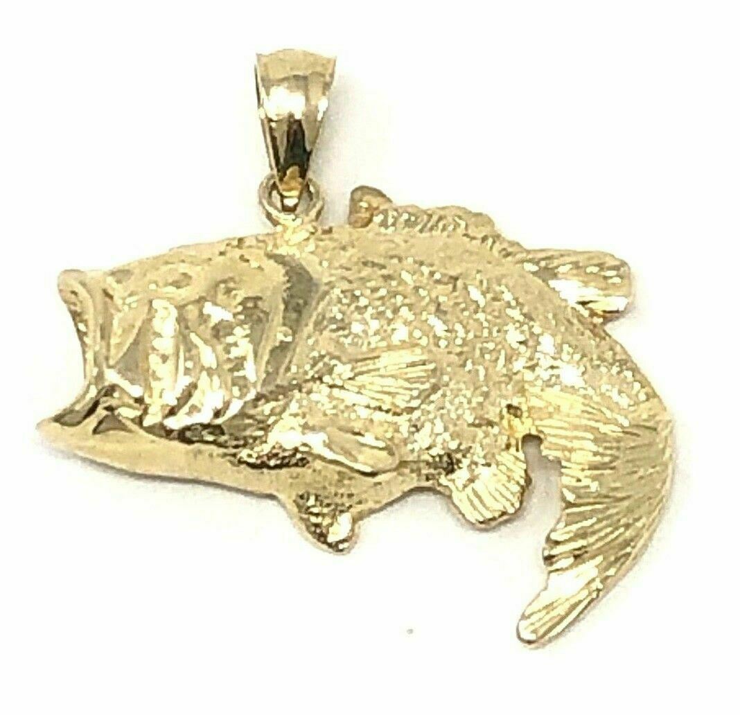 14k Yellow Gold Solid Big Bass Fish Charm Pendant 4.2 grams