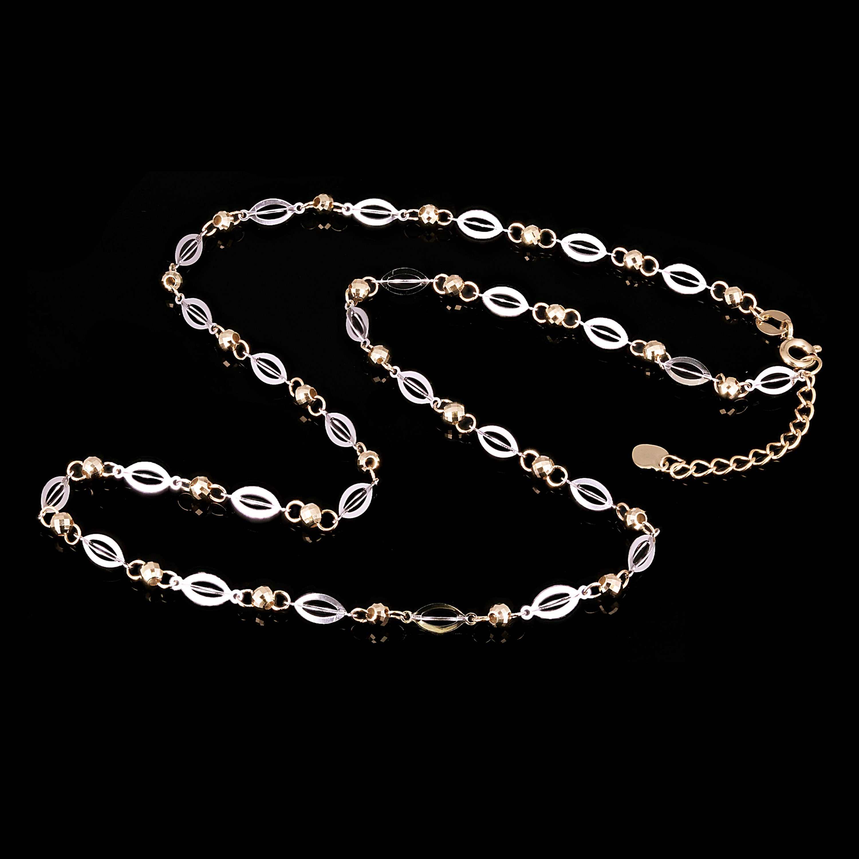 Italian Two Tone Gold 3D Oval & Diamond Cut Ball Beads Link Necklace 16" 4.5gram
