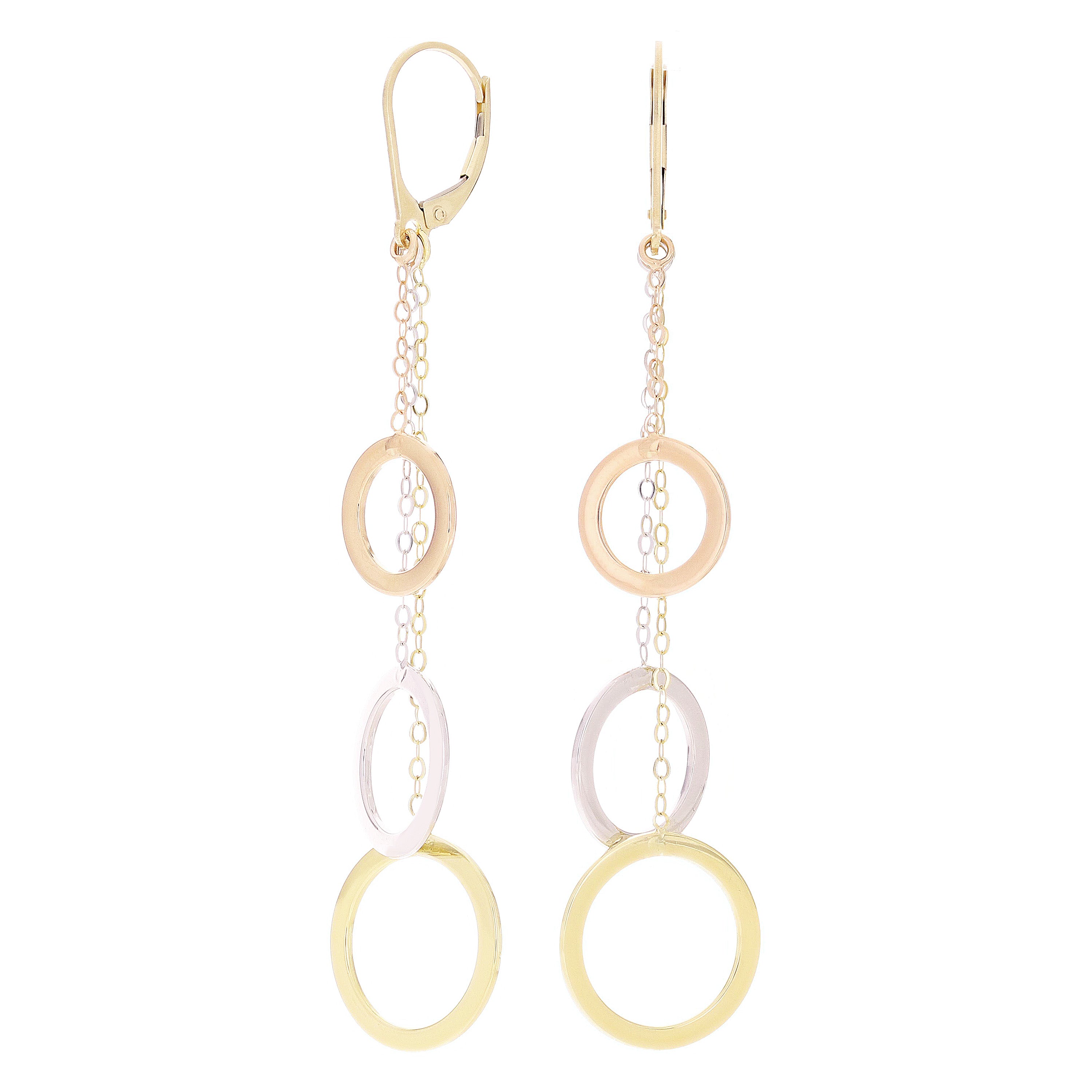 Italian 14k Yellow White & Rose Gold Shiny Circle Chain Linear Dangle Earrings 2.9"