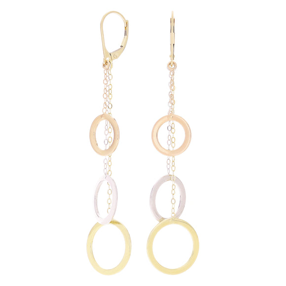 Italian 14k Yellow White & Rose Gold Shiny Circle Chain Linear Dangle Earrings 2.9