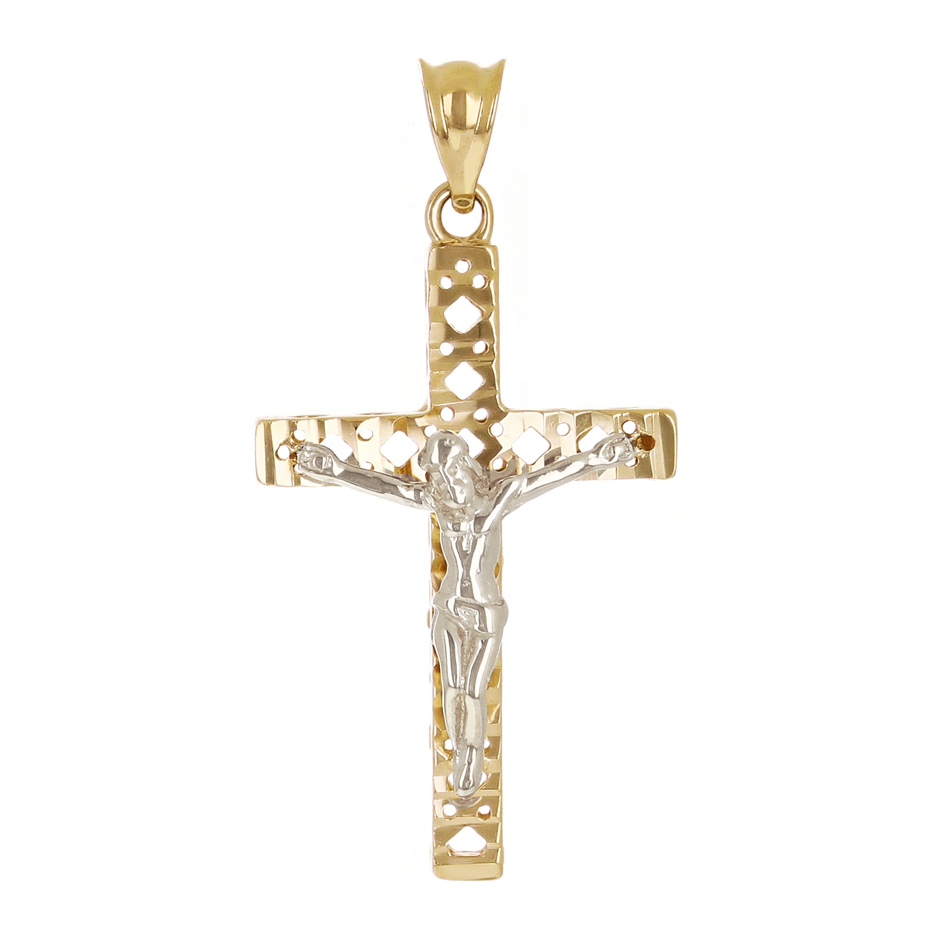 Italian 14k Two Tone Gold 3D Double Sided Crucifix Cross Charm Pendant 1.2" 2.3g