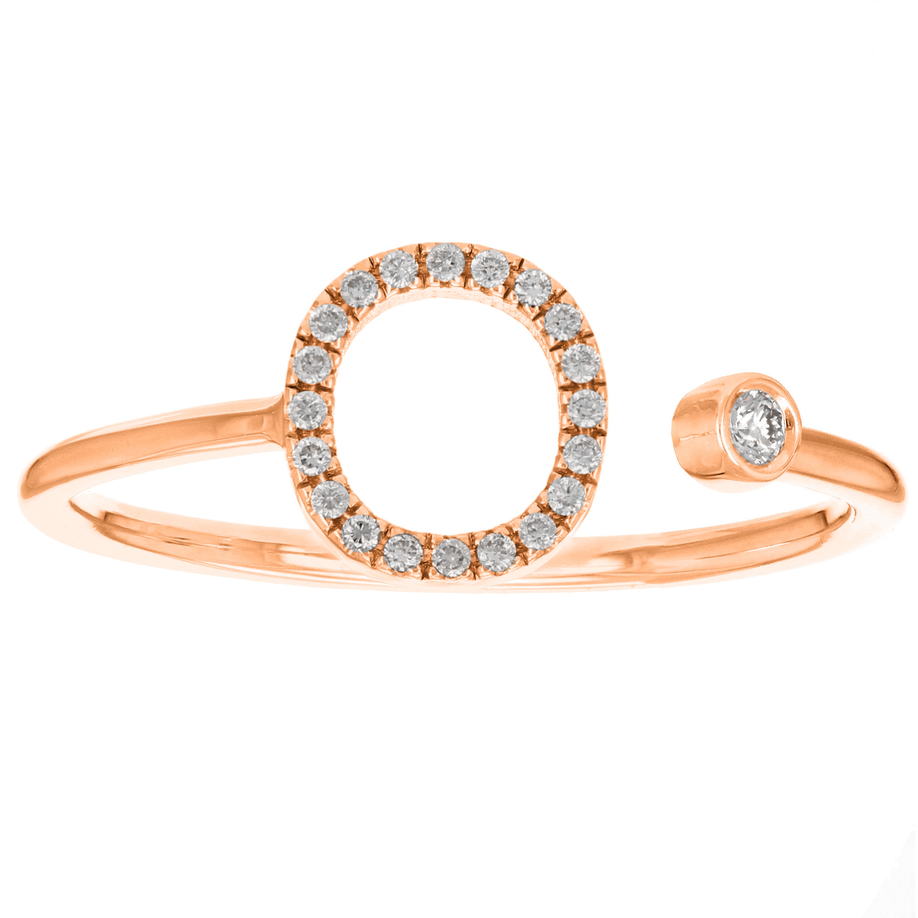 14k Rose Gold Diamond Initial Letter O Ring Size 6 - Letter O,Rose