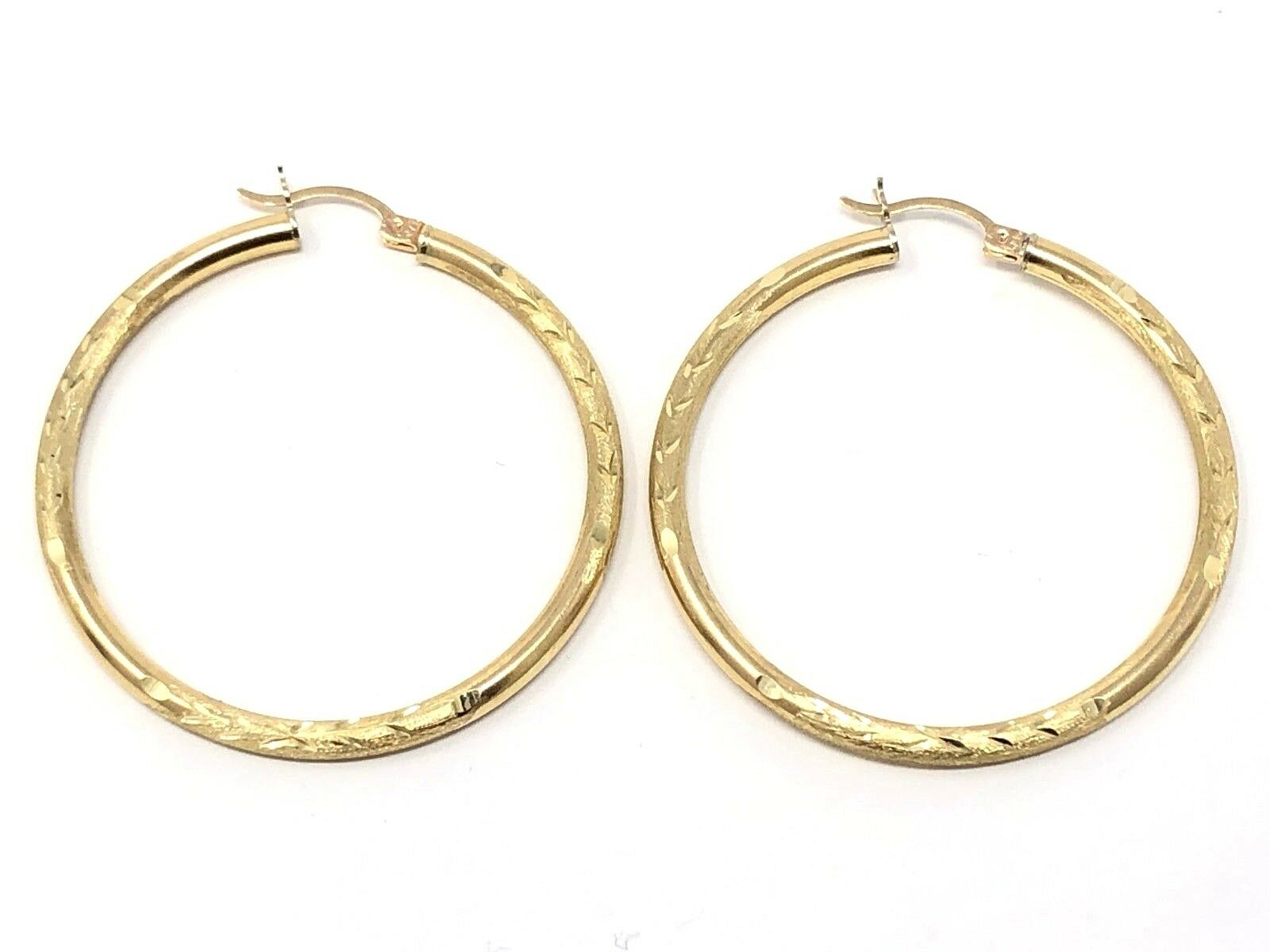 14k Yellow Gold Hollow Diamond Cut Hoop Loop Round Earrings 1.75" 3.1mm 4 grams