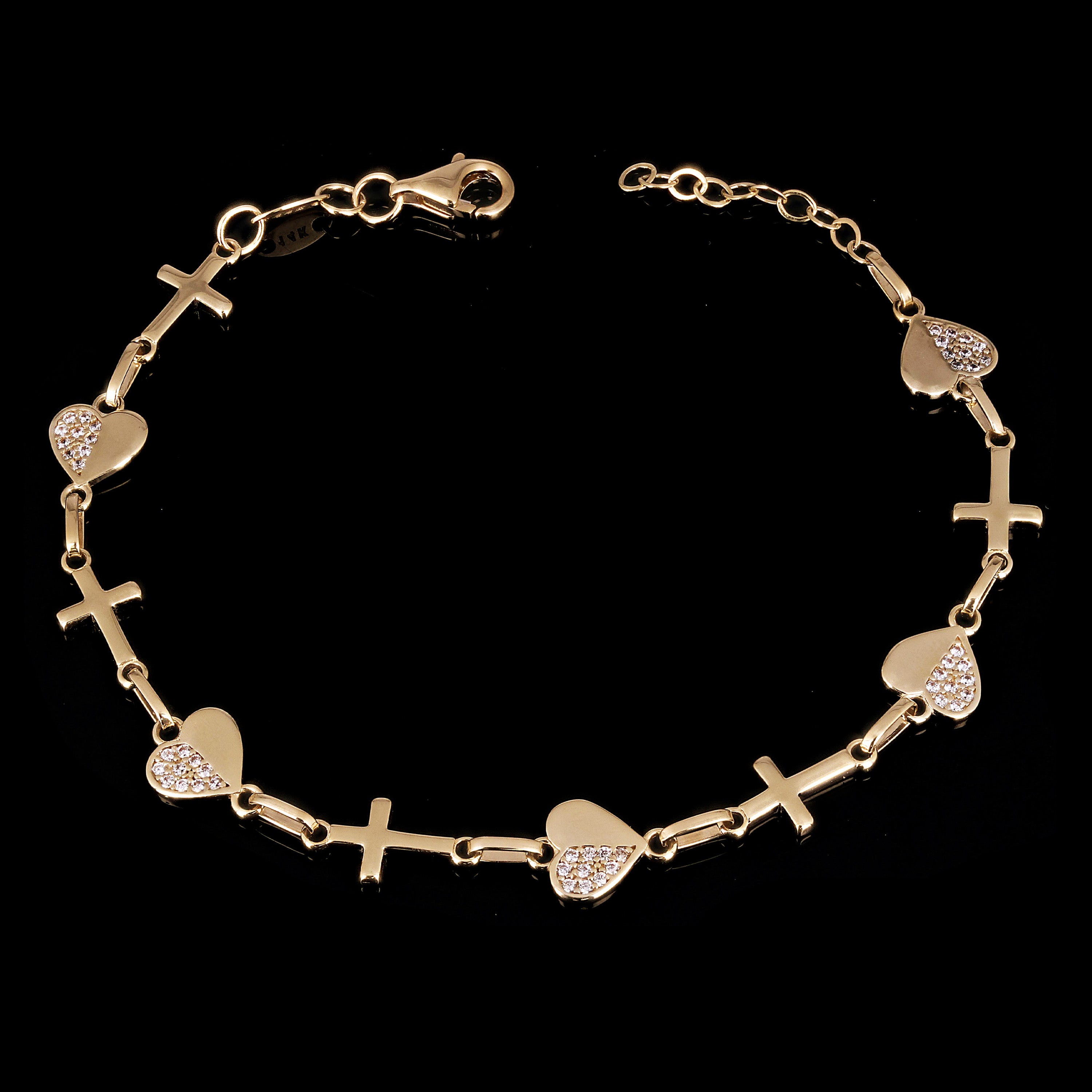 Italian 14k Yellow Gold Heart & Cross Link Chain Bracelet 7.5" 7.5mm 4.3 grams