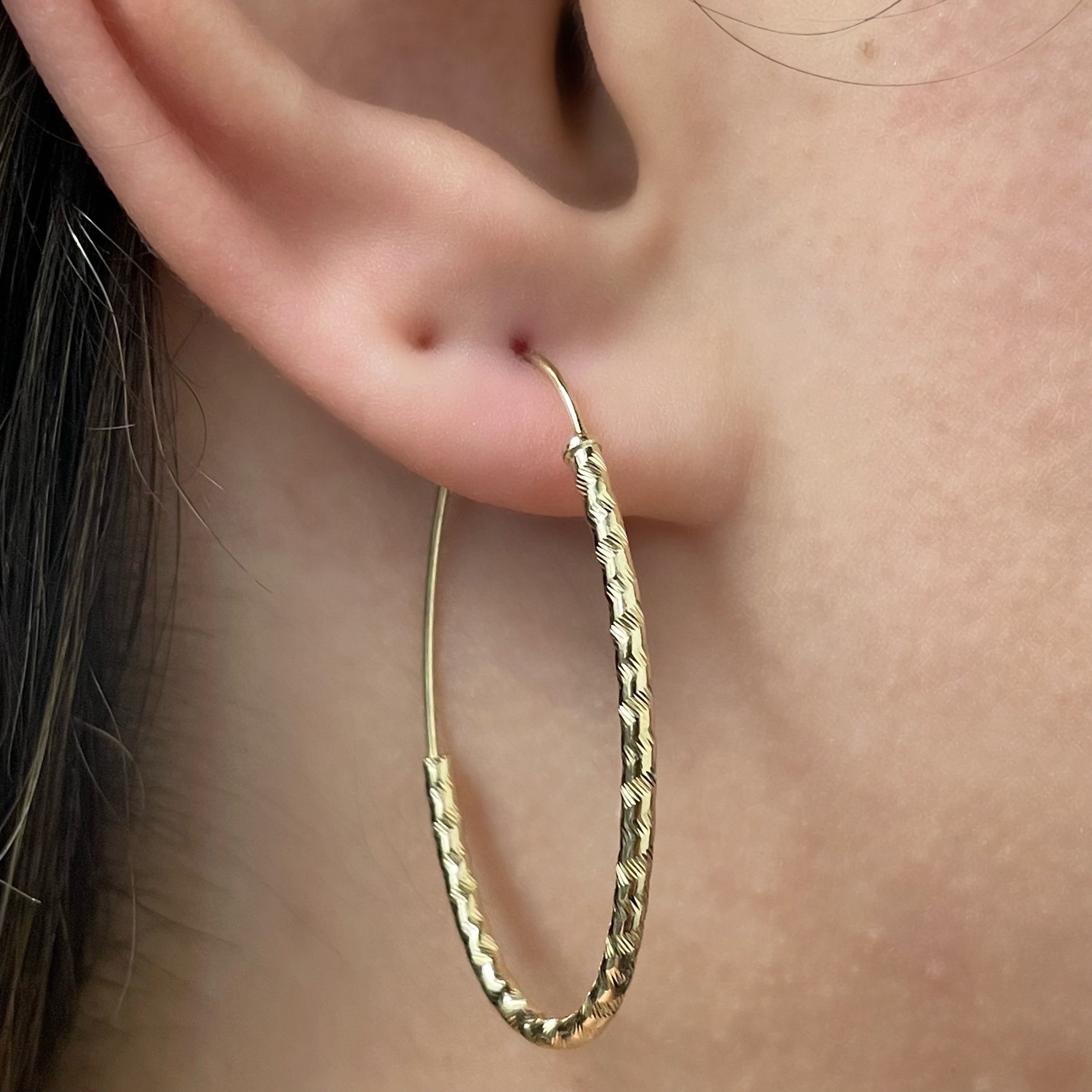 Italian 14k Yellow Gold Diamond Cut J-Hoop Oval  Hoop Earrings 1.5" 1.7mm 1.3g