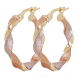 Italian 14k Tri-Color Gold Hollow Satin Twisted Hoop Earrings 22.8mm x 3mm 1.8g