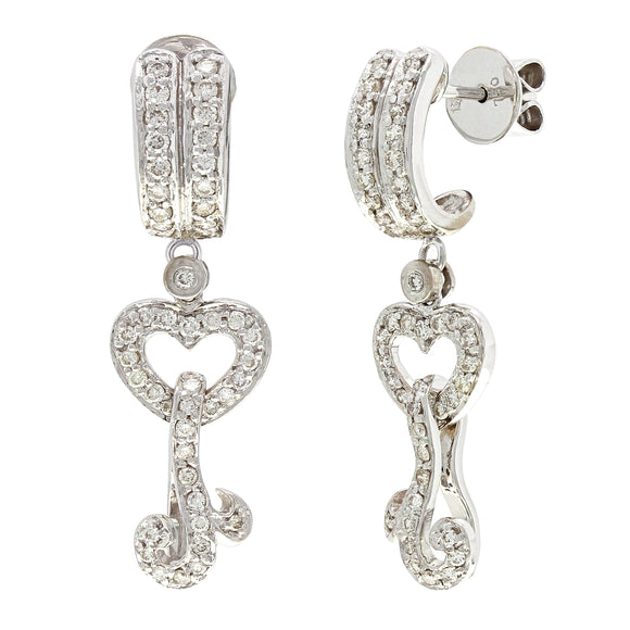 18k White Gold 1.02ctw Diamond Heart & Ribbon Drop Dangle J-Hoop Earrings