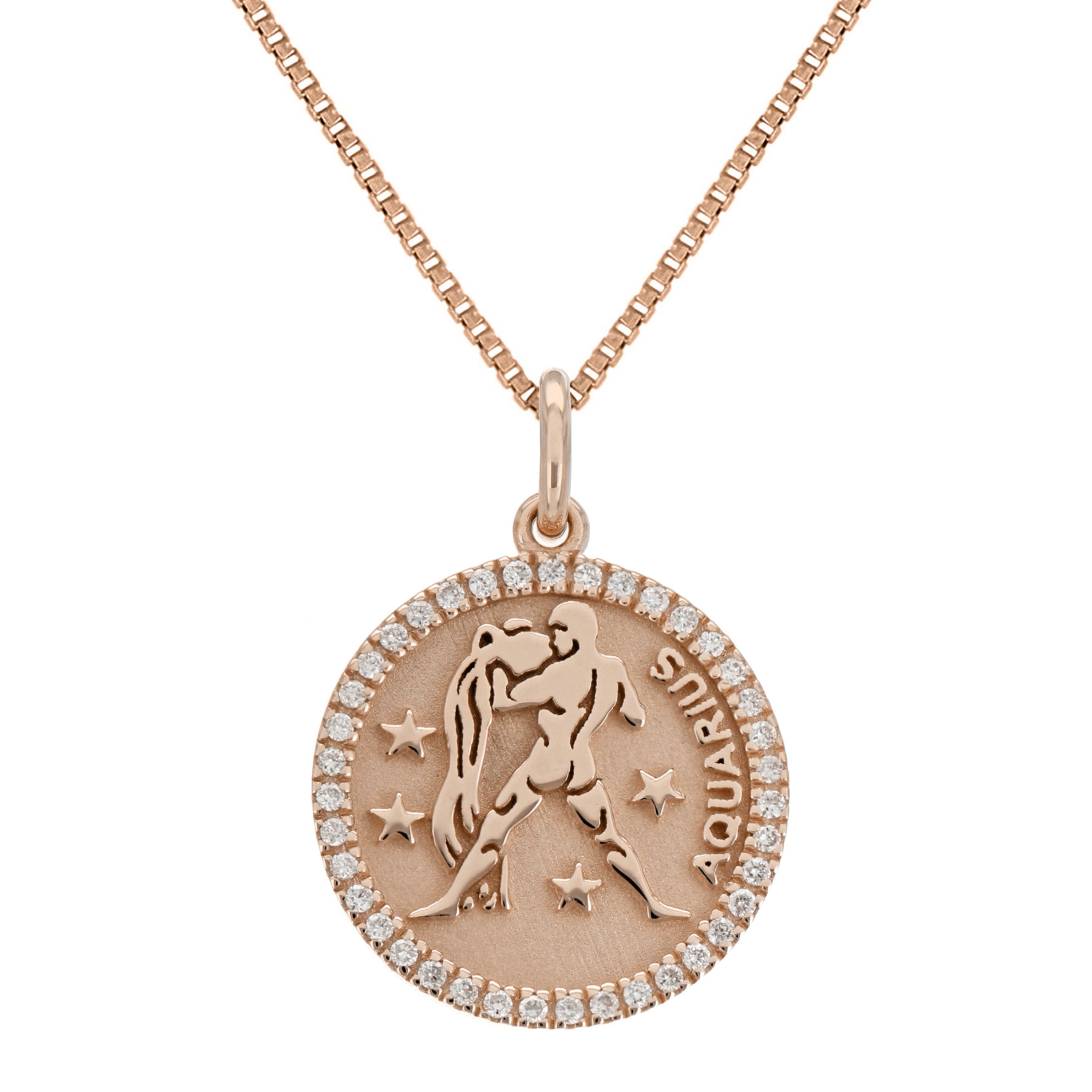 14k Rose Gold  Diamond Zodiac Sign Aquarius Pendant Necklace 18" - Aquarius,Rose