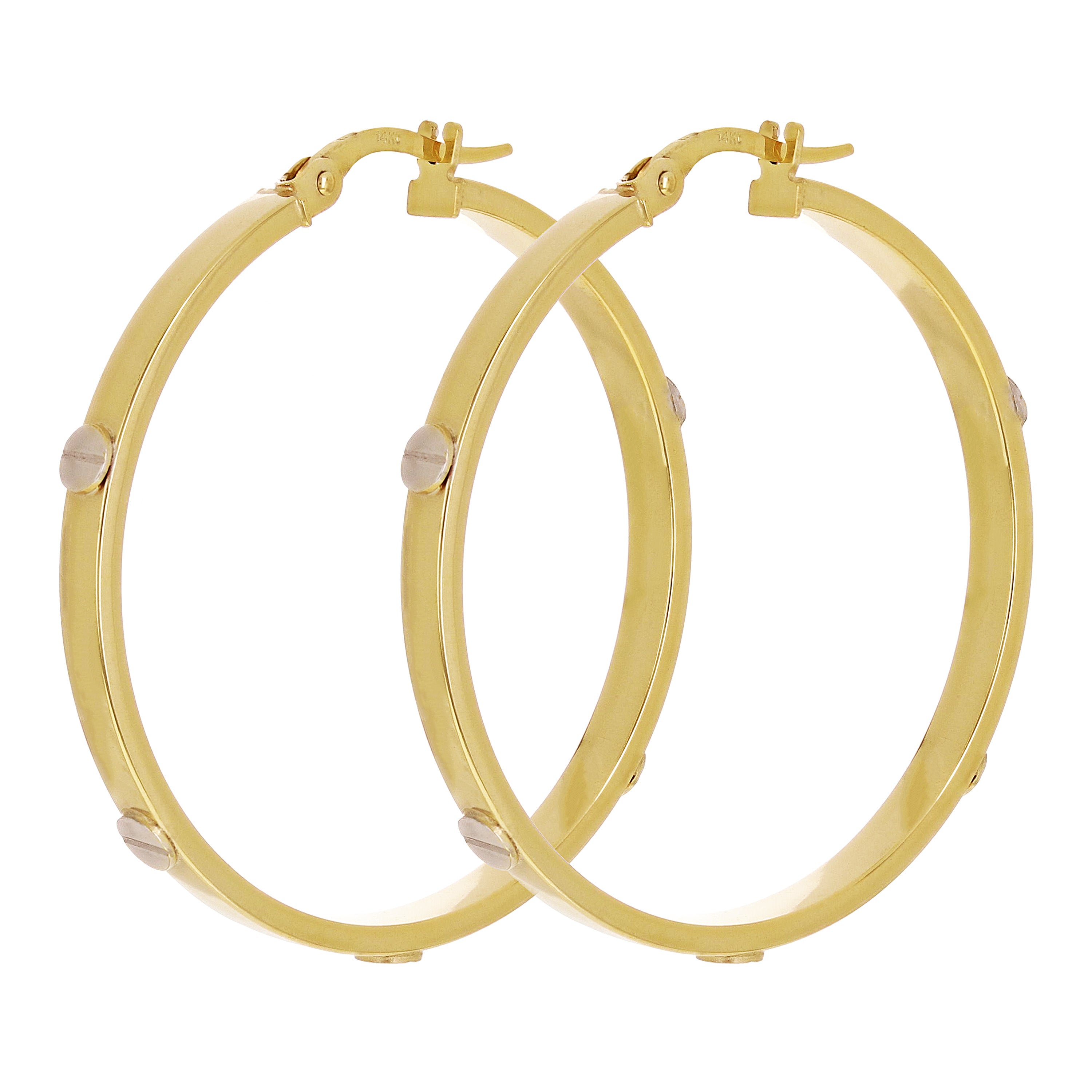 Italian 14k Two-Tone Gold Hollow Screw Design Hoop Earrings 1.4" 3mm 3.1 grams