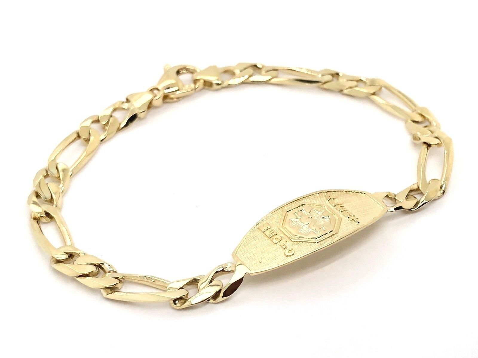 14k Yellow Gold Figaro Link Chain Medical Alert ID Bracelet 8" 13.5mm 15.5 grams - 8"