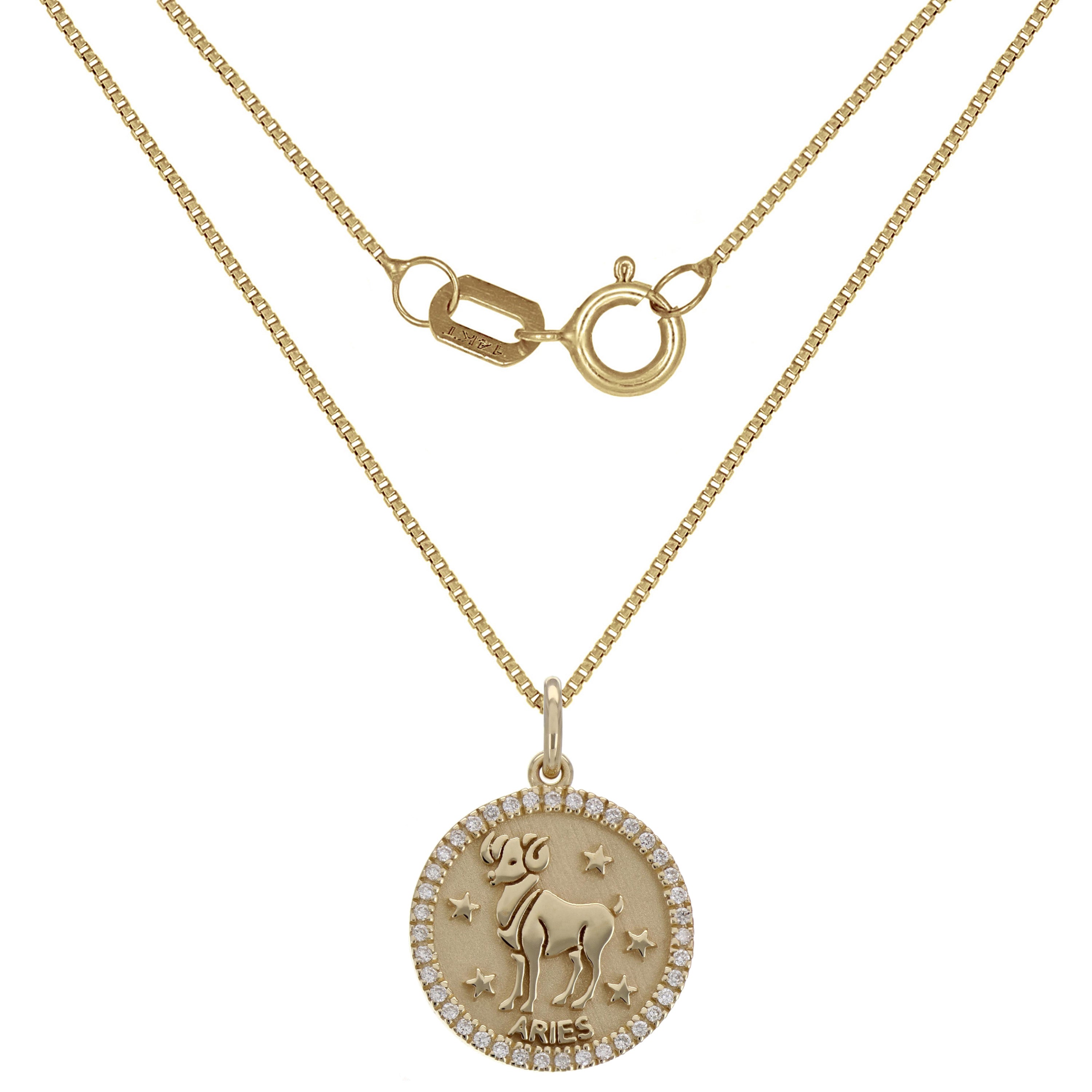 14k Yellow Gold Diamond Zodiac Sign Aries Pendant Necklace 18" - Aries,Yellow