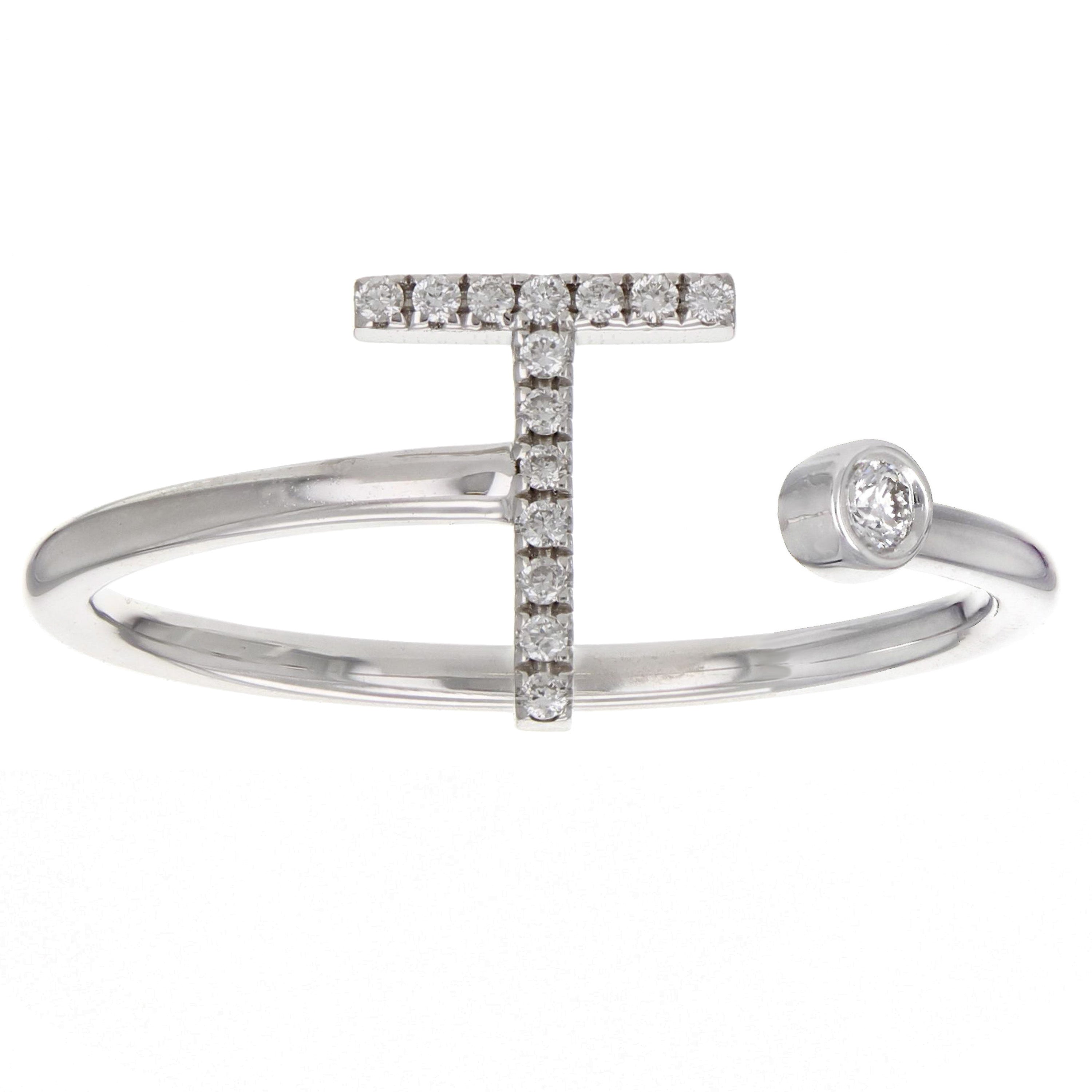 14k White Gold Diamond Initial Letter T Ring Size 6 - Letter T,White