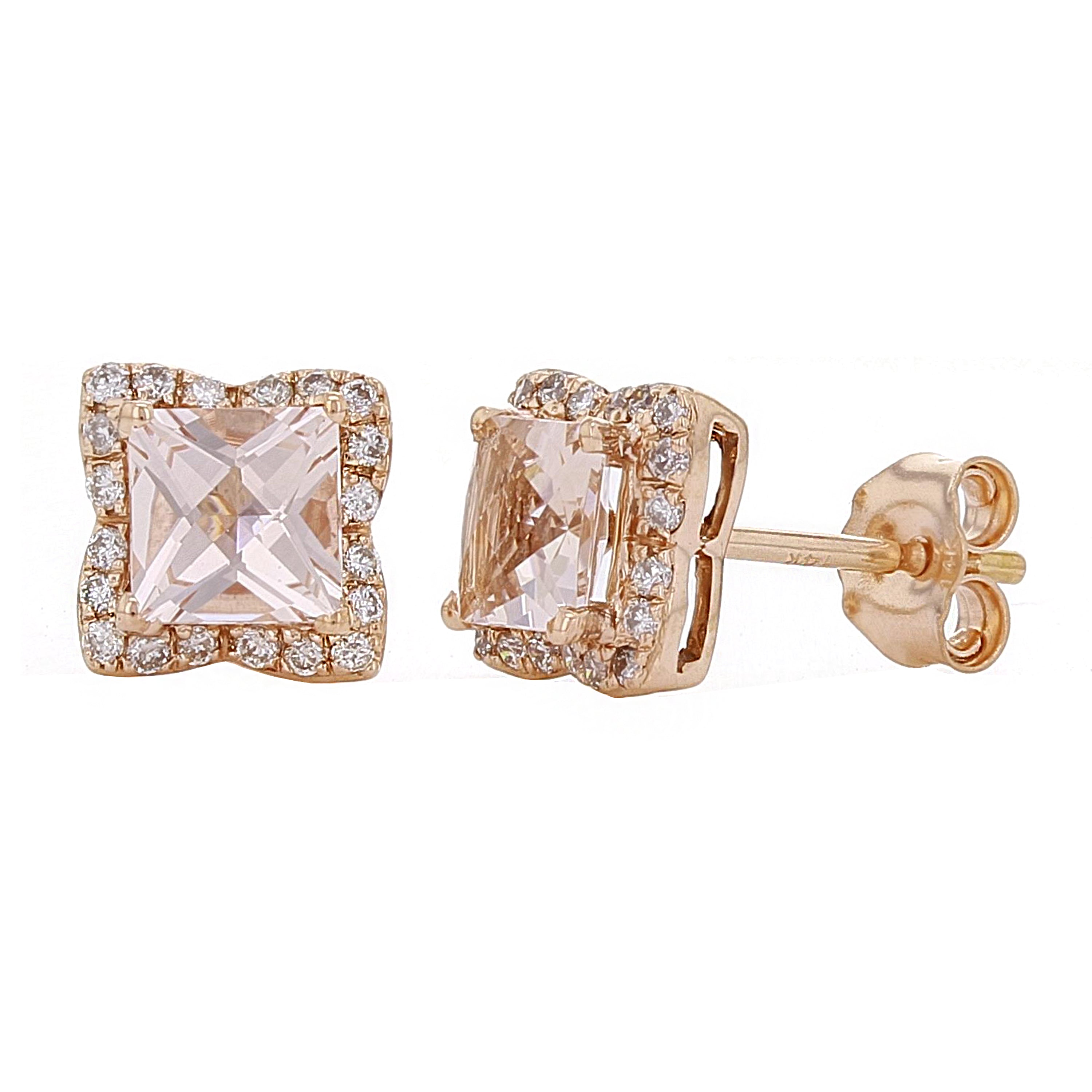 14k Rose Gold 0.20ctw Morganite & Diamond Vintage Halo Square Stud Earrings
