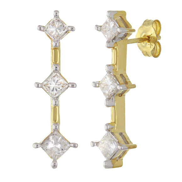 14k Yellow Gold 1.ctw Princess Graduated Diamond Linear Bar Earrings