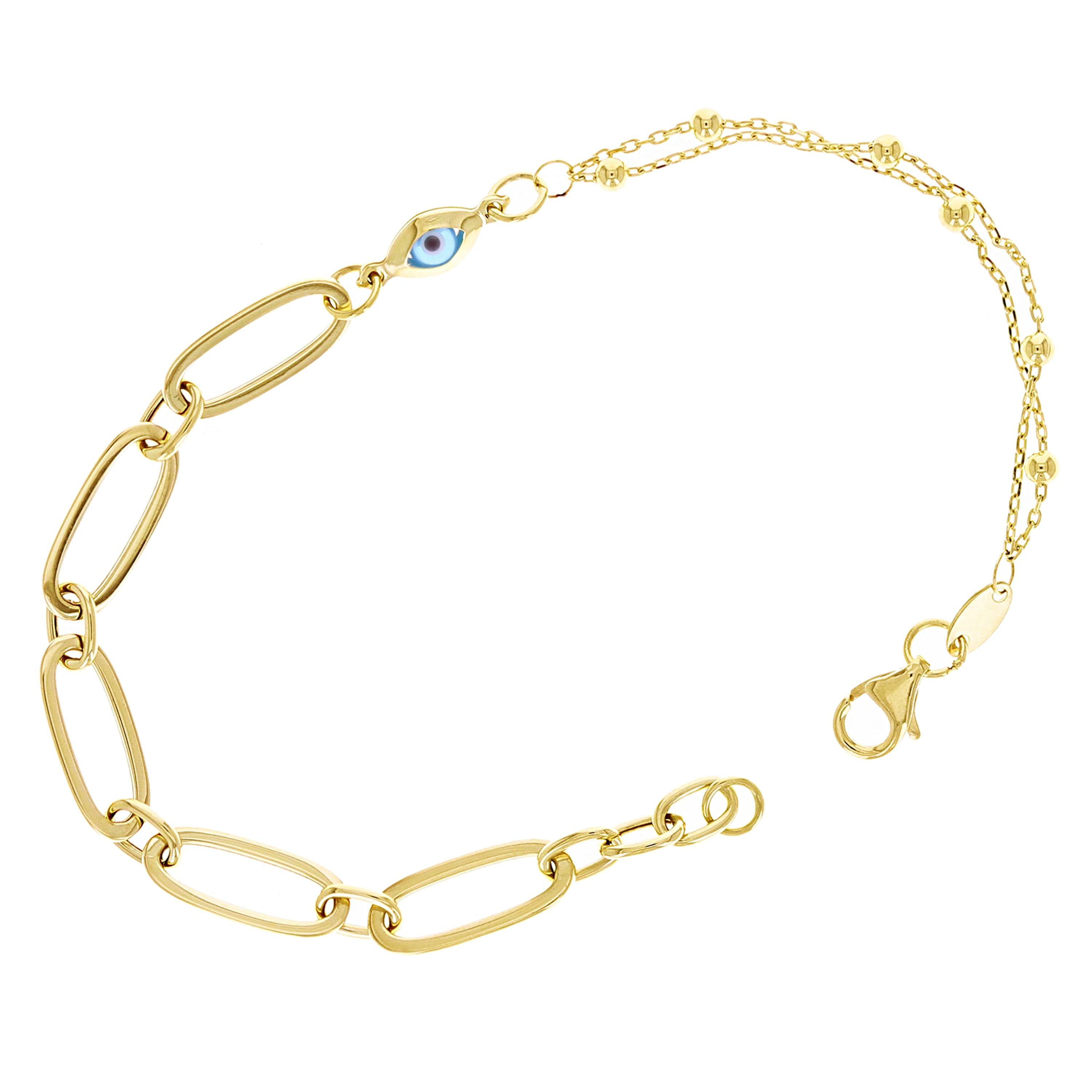 Italian 14k Yellow Gold Ball Beads Paper Clip Link Evil Eye Bracelet 7.5" 2.5 grams