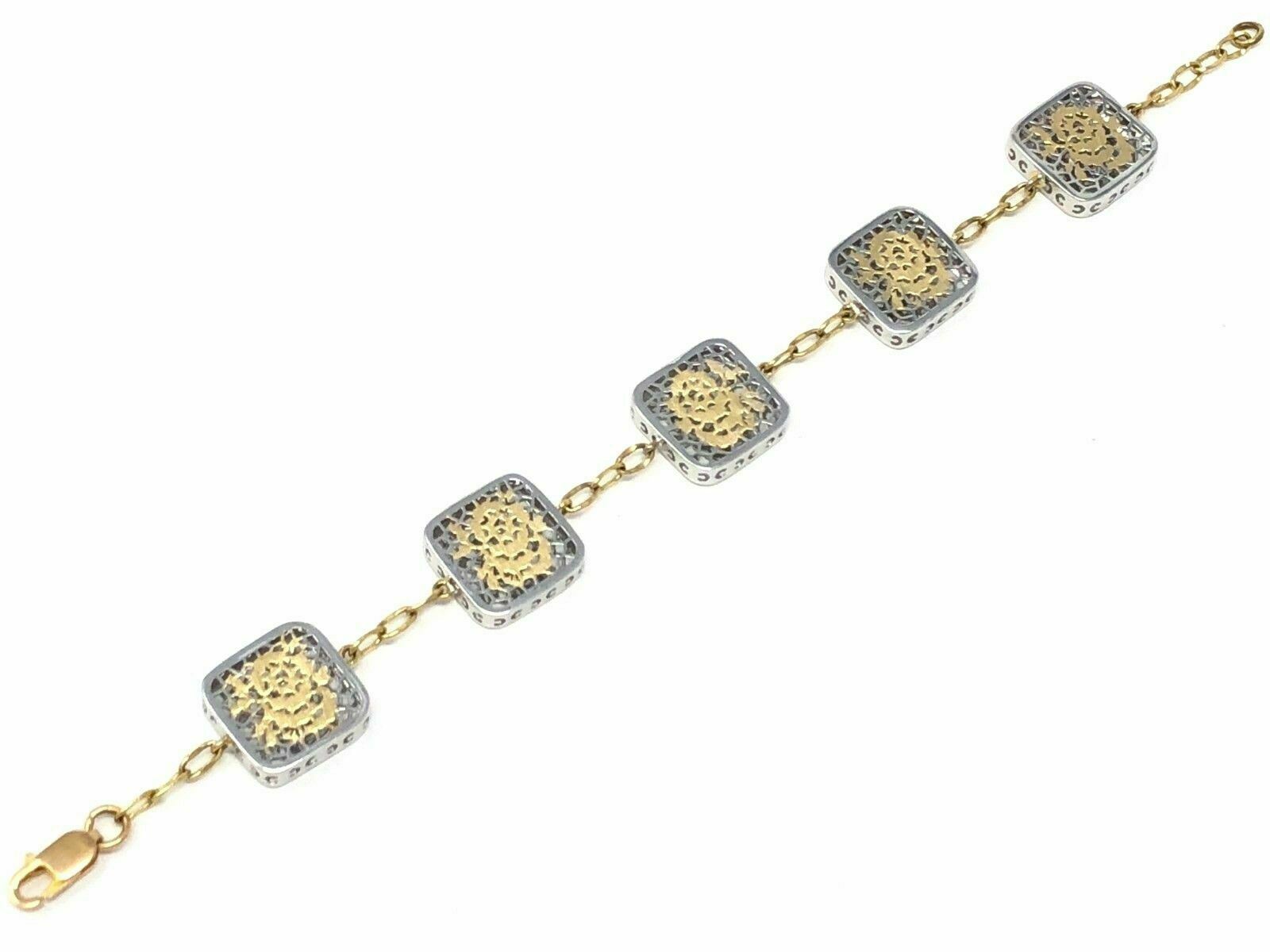 Italian 18k Two Tone Gold Filigree Flower Square Bracelet 7" 14.2mm 9.2 grams
