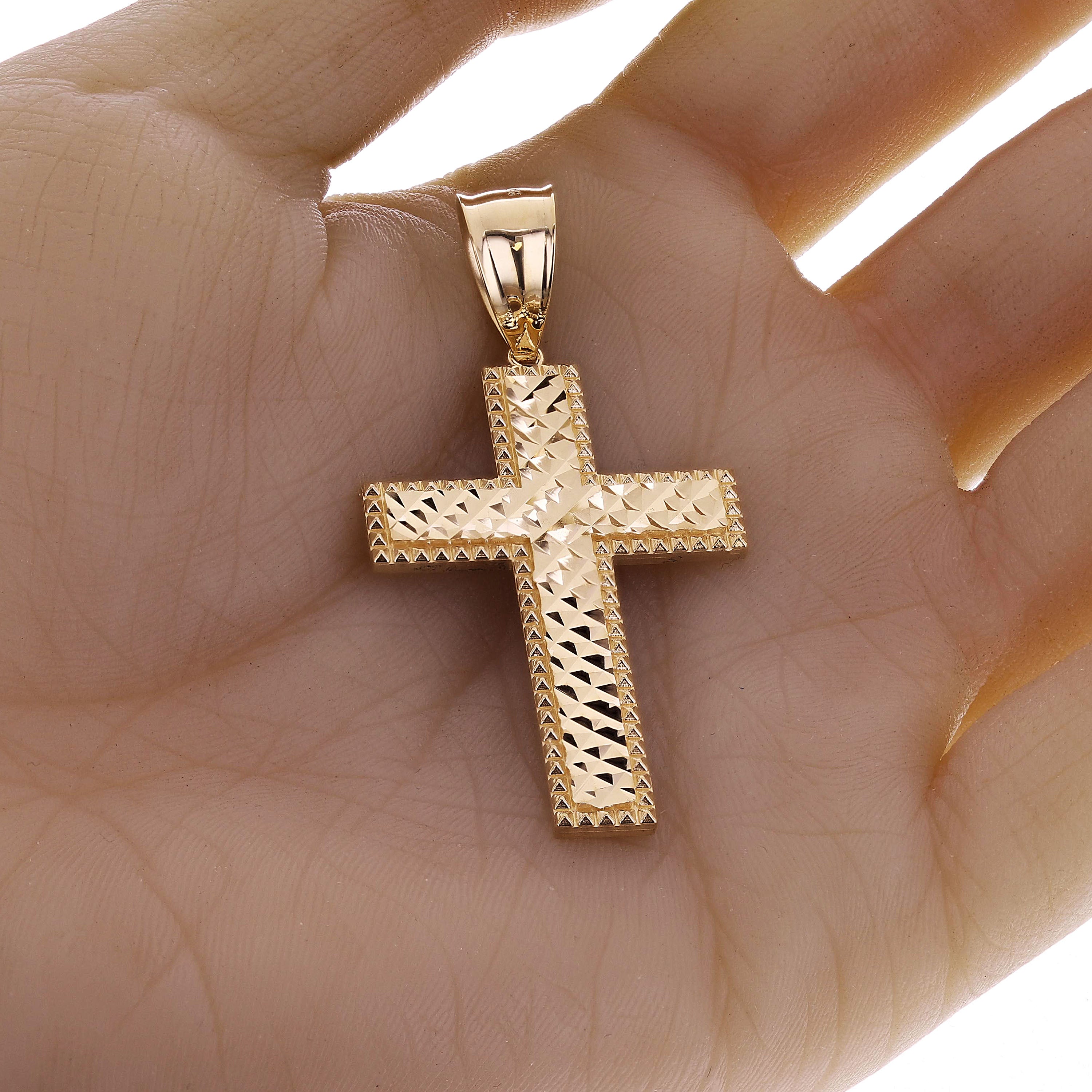 14k Yellow Gold Solid Diamond Cut Cross Charm Pendant 2.2" 7.9 grams