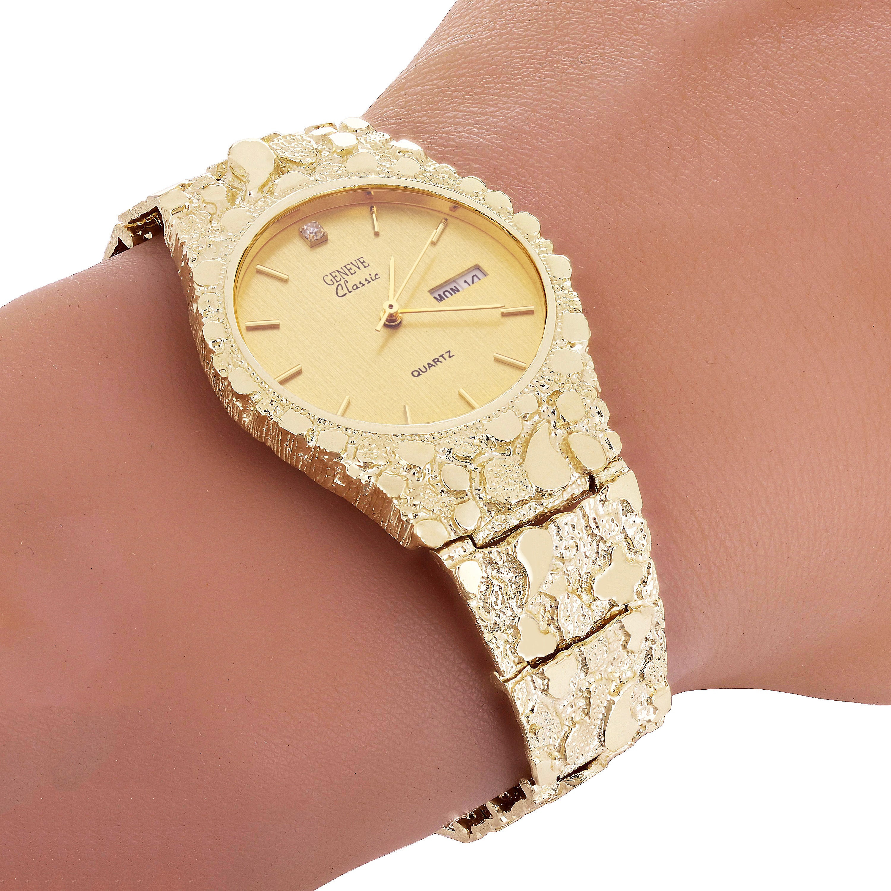 10k Yellow Gold Nugget Link Geneve Wrist Watch with Diamond 8-8.5" 54 grams