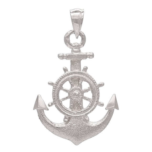 14k Yellow, White or Rose Gold Anchor and Ship Wheel Nautical Textured Pendant