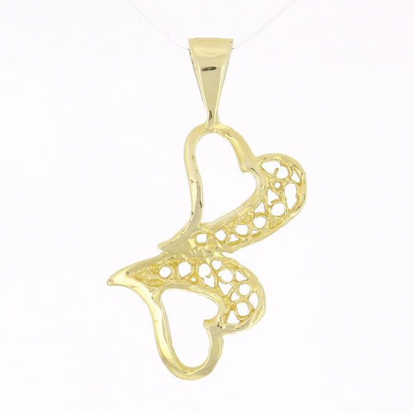 14k Yellow Gold Double Filigree Heart Charm Pendant 0.8 gram