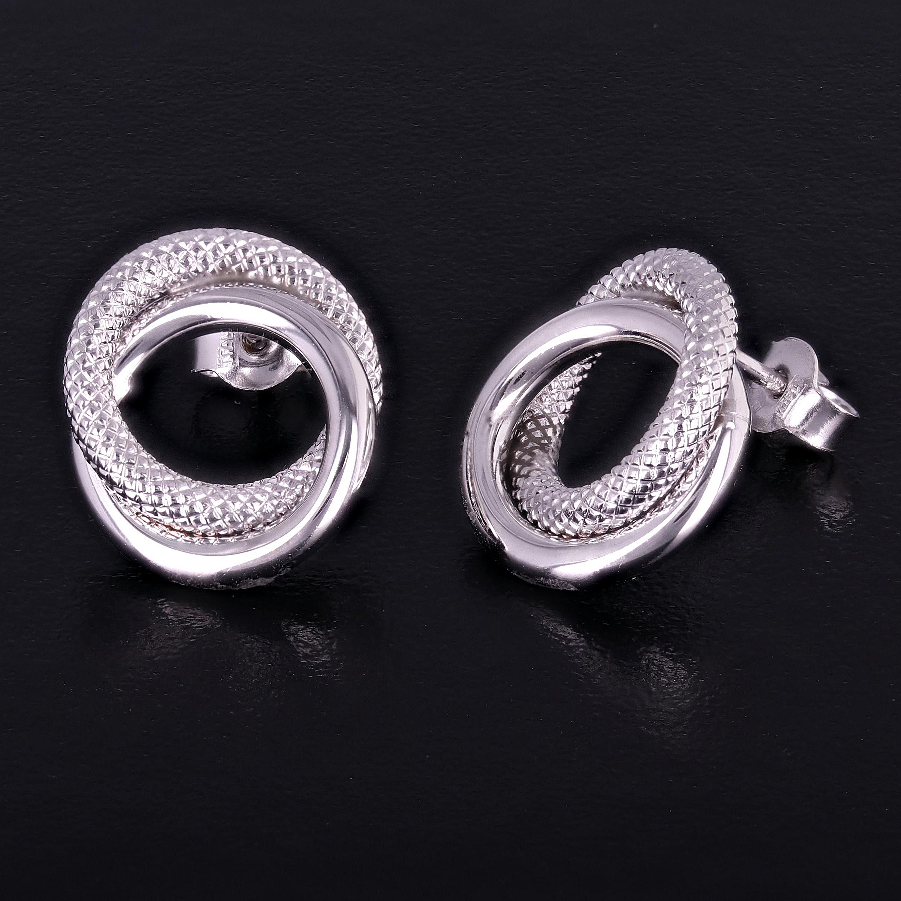 Italian 14k White Gold Rope Shiny Double Eternity Circle Knot Stud Earrings - White