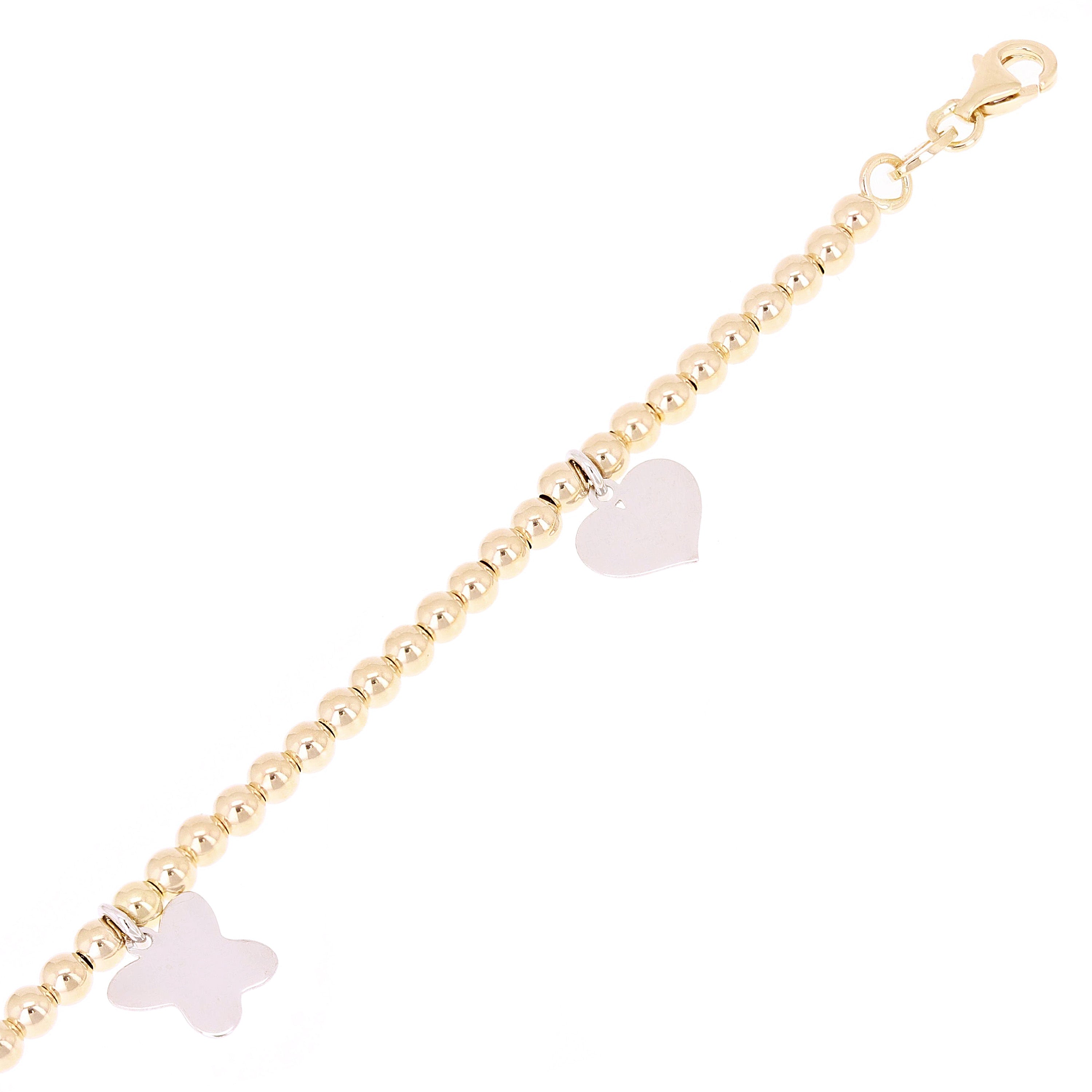 Italian 14k Two Tone Gold Ball Bead Bracelet with Butterfly & Heart Charms 7.75"