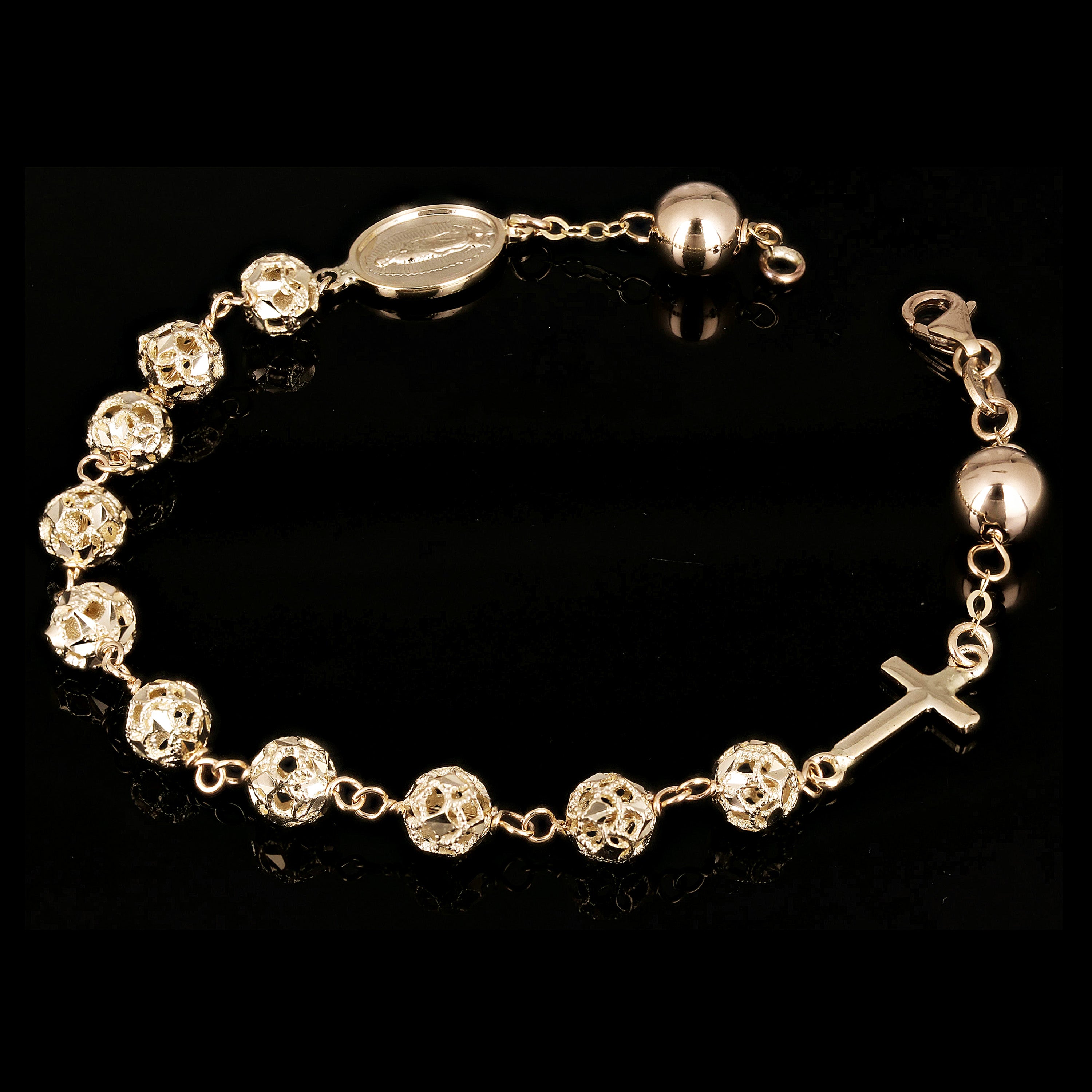 Italian 14k Yellow Gold Diamond-Cut Beaded Rosary Bracelet 7.5" 6mm 6.7 grams