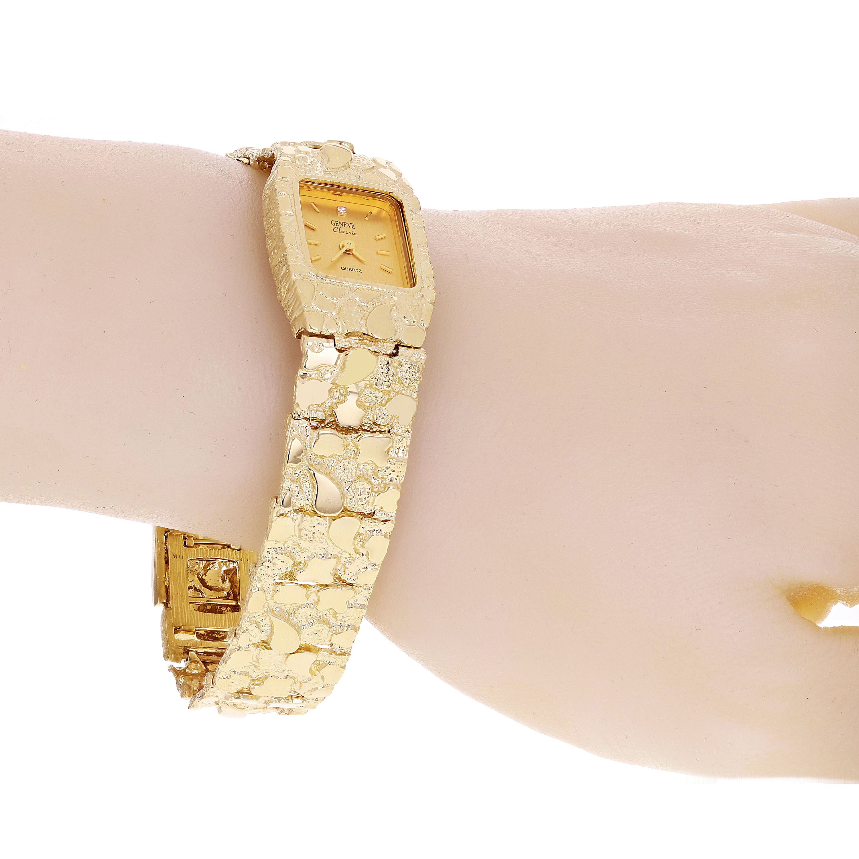 10k Yellow Gold Nugget Link Wrist Watch Bracelet Geneve Diamond Watch 6.5-7" - 7" 37.4 grams
