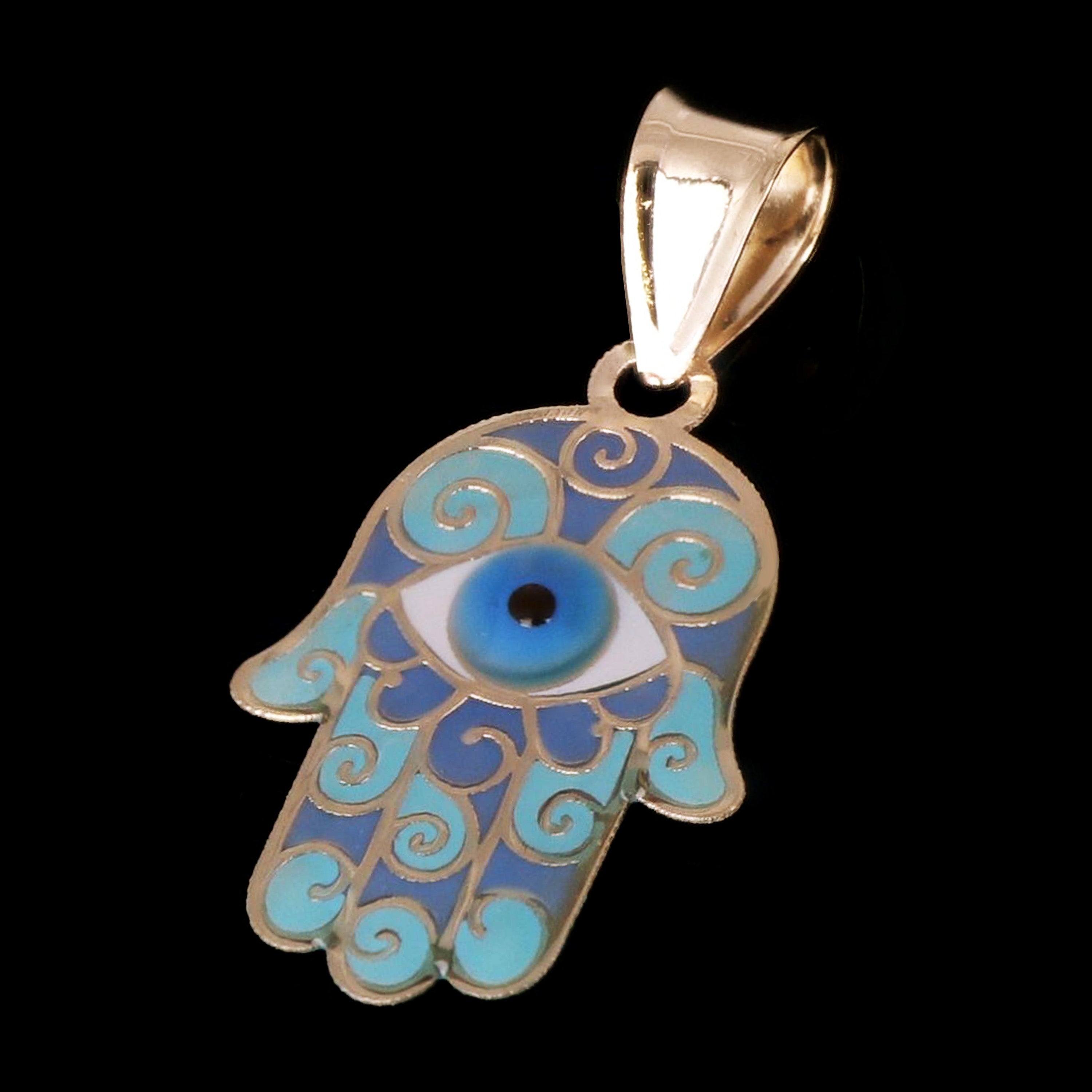 Italian 14k Yellow Gold Blue Enamel Hamsa Hand Charm Pendant 22.5mmx11.5mm 0.4g - Small