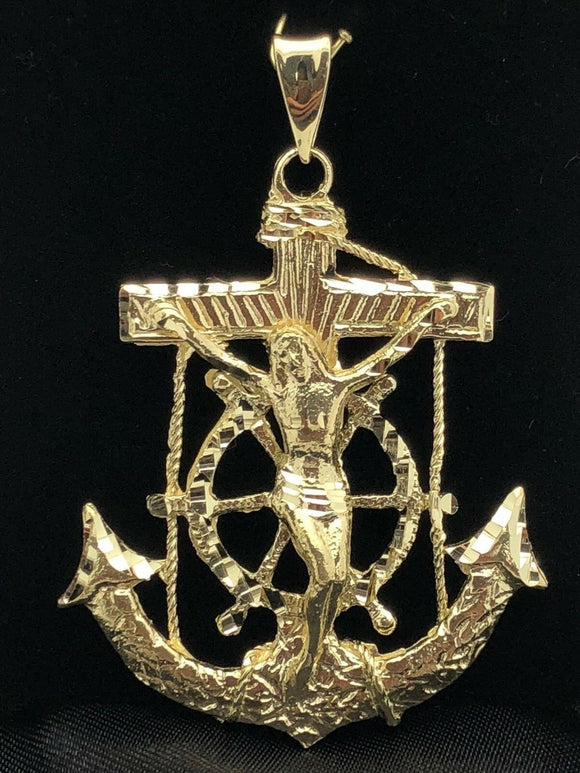 10k Yellow Gold Big Anchor Mariner Cross Jesus Crucifix Pendant 2.4