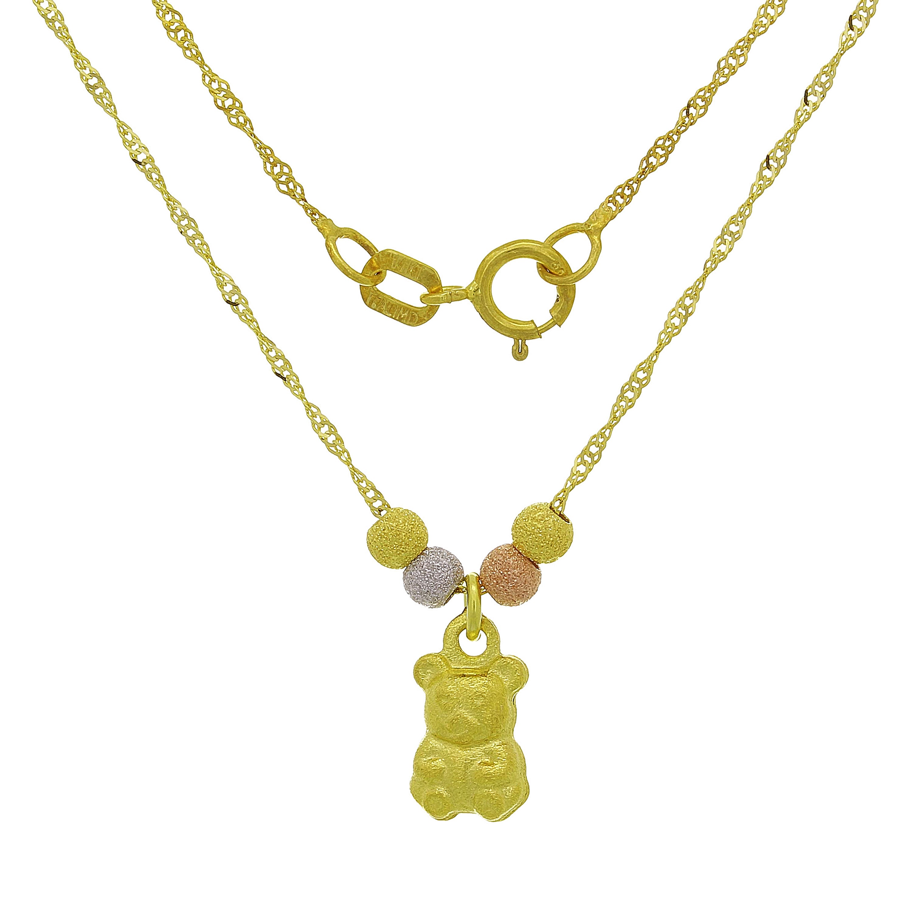 14k Tri Color Gold Ball Beads Teddy Bear Charm Singapore Chain Necklace 17" - Teddy Bear High Polish