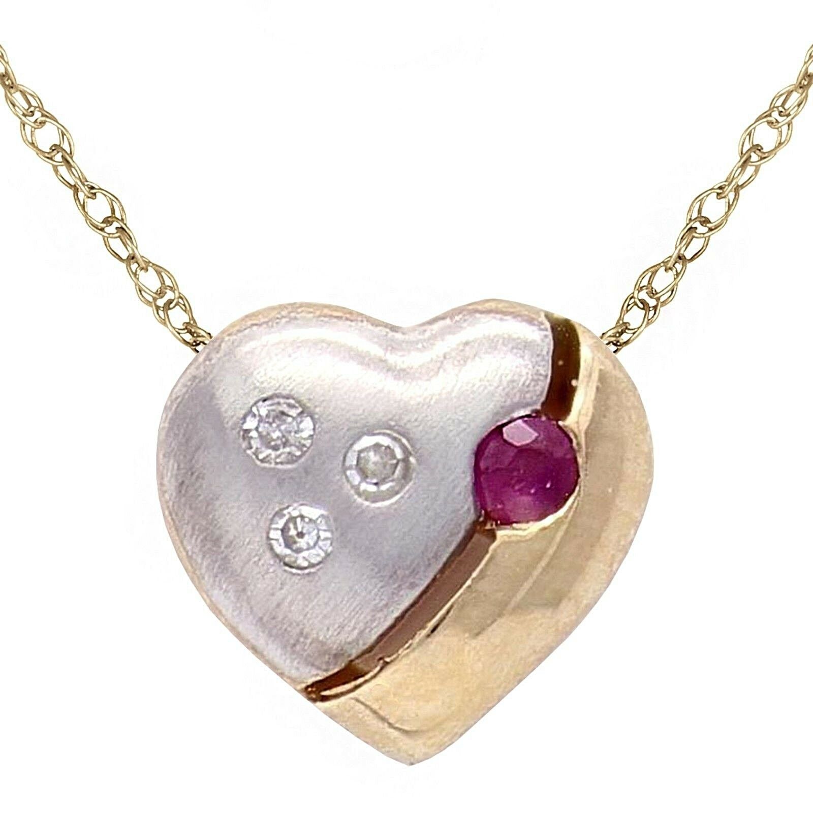 10k Two Tone Gold 18" Necklace with Heart Ruby & Diamonds Charm Round Pendant
