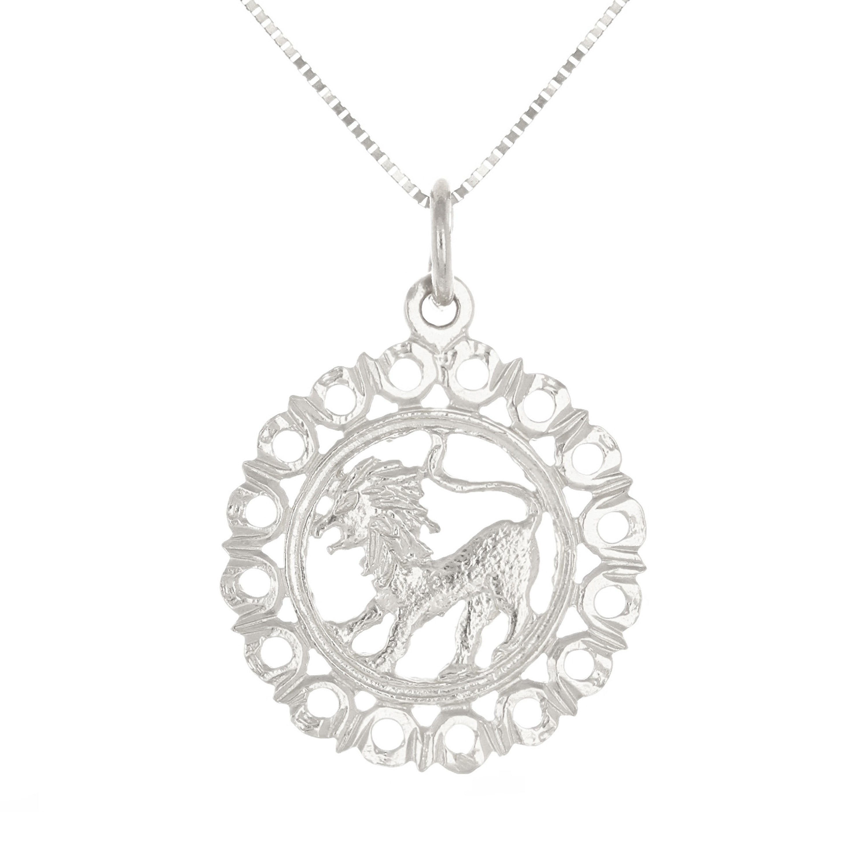 14k White Gold Zodiac Sign Leo Pendant Necklace 18" - Leo,White
