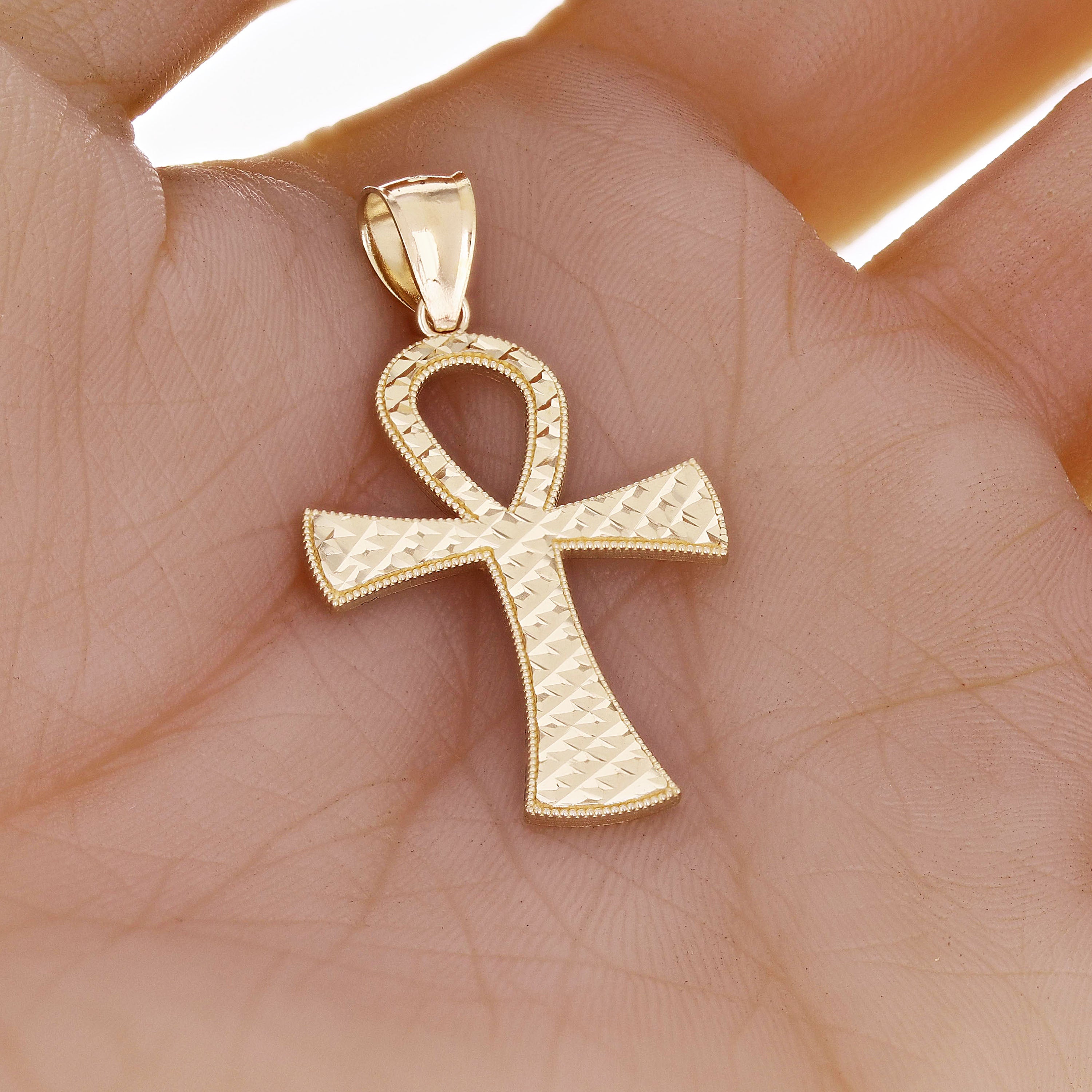 14k Yellow Gold Diamond-Cut Egyptian Ankh Cross Pendant 1.6" 2.7 grams