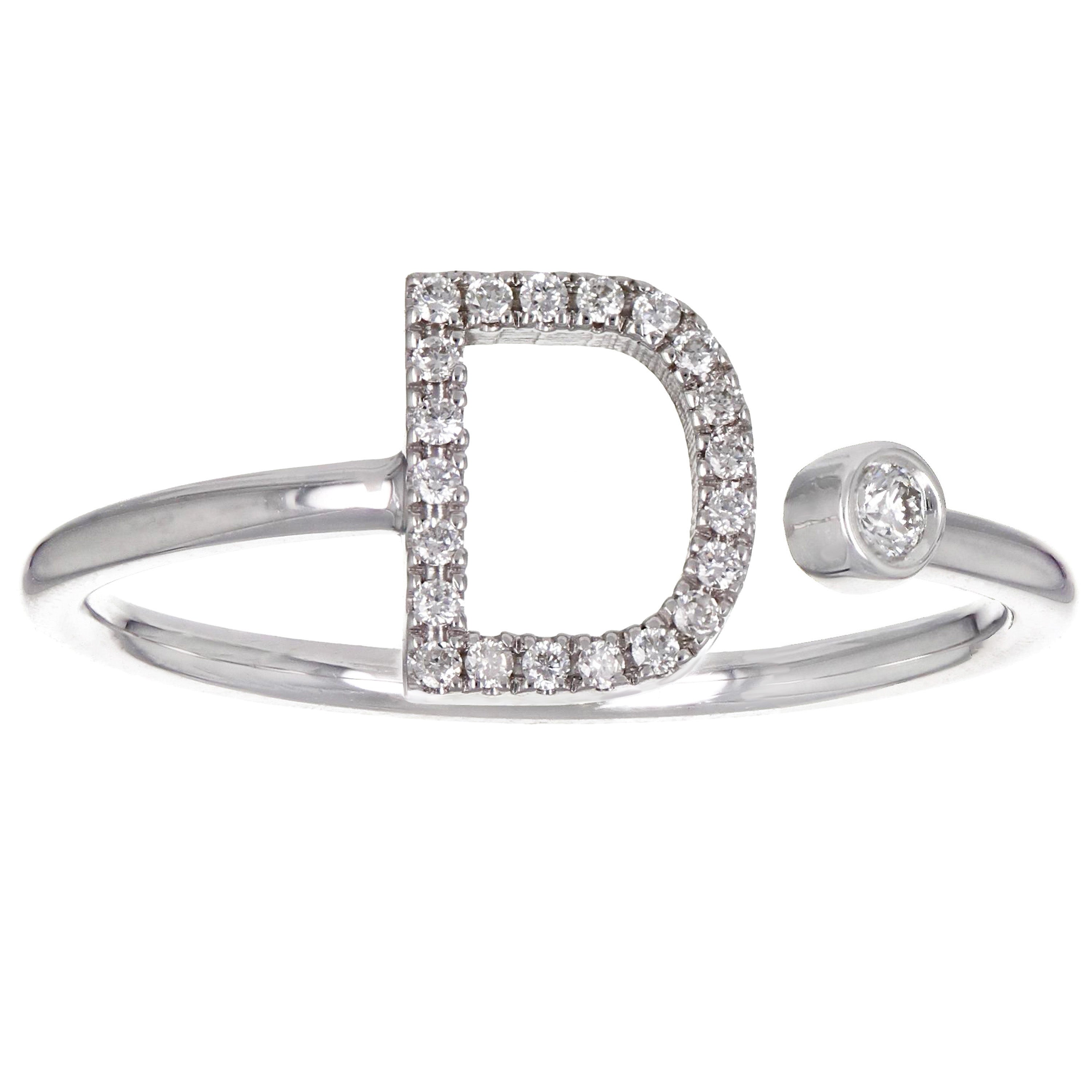 14k White Gold Diamond Initial Letter D Ring Size 6 - Letter D,White
