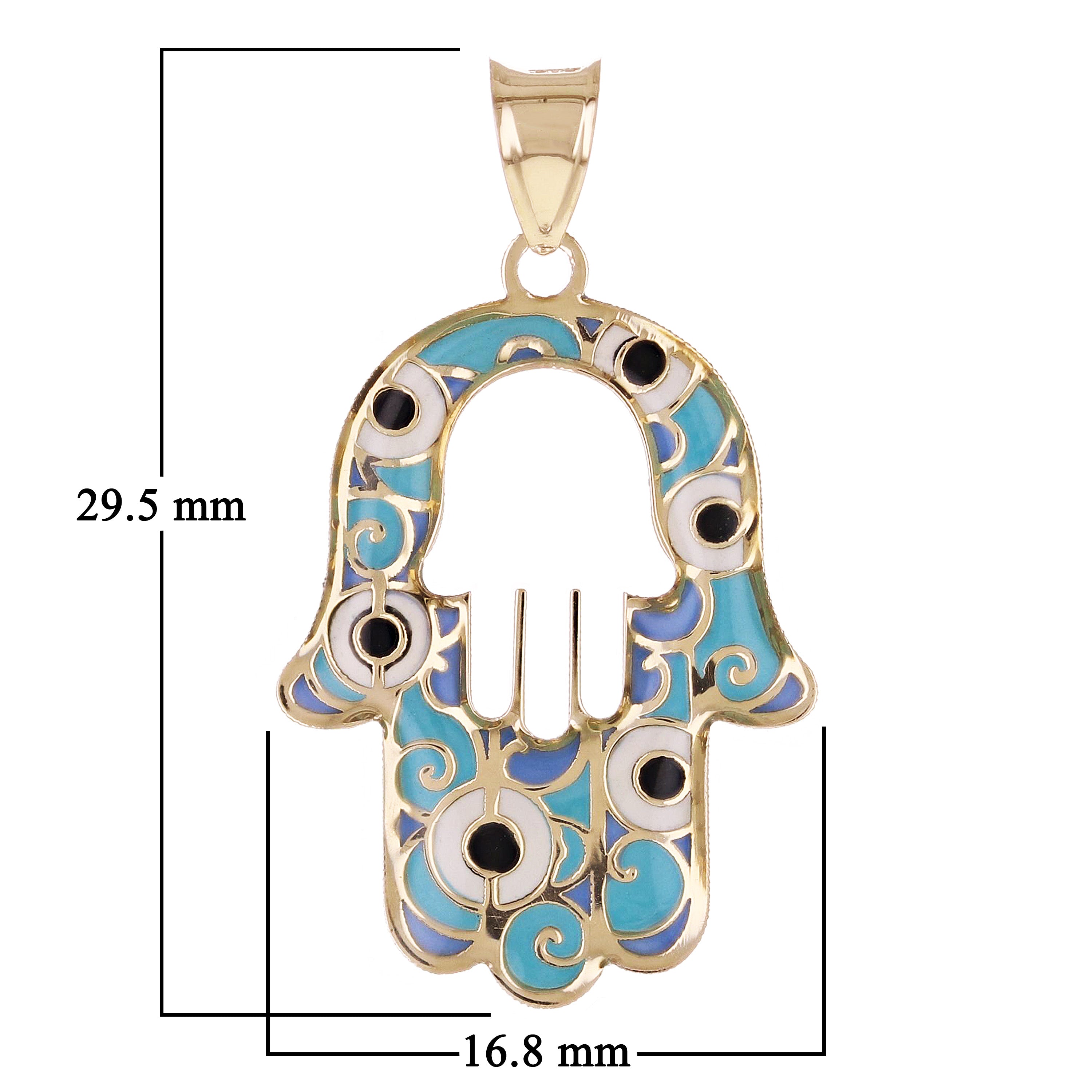 Italian 14k Yellow Gold Blue Enamel Hamsa Hand Charm Pendant 29.5mmx16.8mm 0.5g - Medium