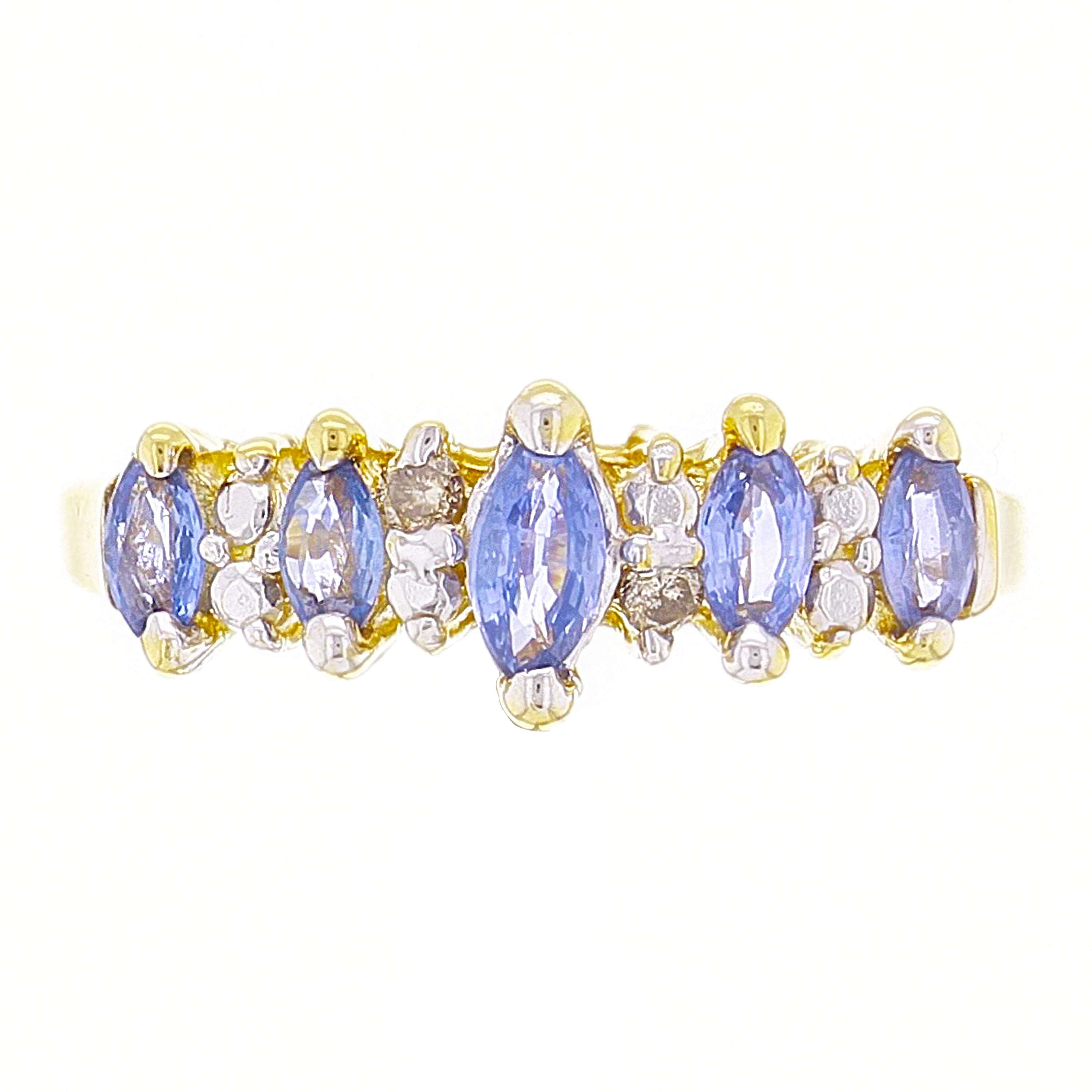 14k Yellow Gold Graduate Marquise Tanzanite & Diamond Accent Band Ring Size 5.75