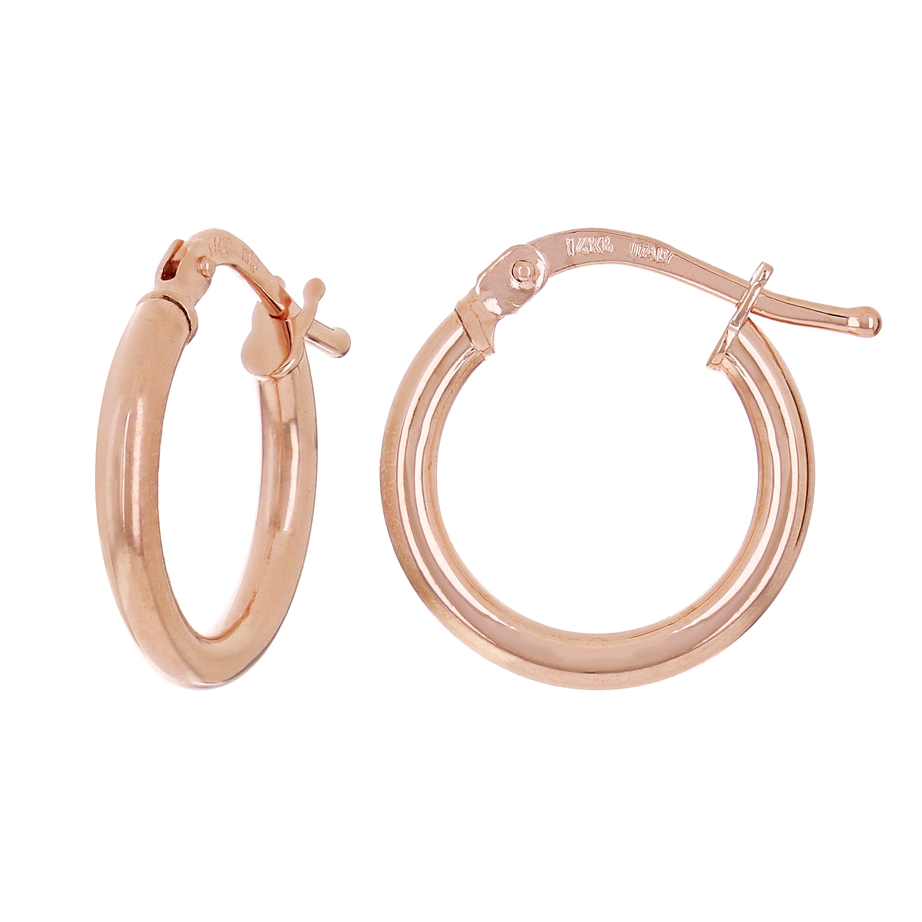 Italian 14k Rose Gold High Polished Plain Hollow Hoop Earrings 15.4 x 2mm 1 gram - Rose,Size 0.5" 1 grams