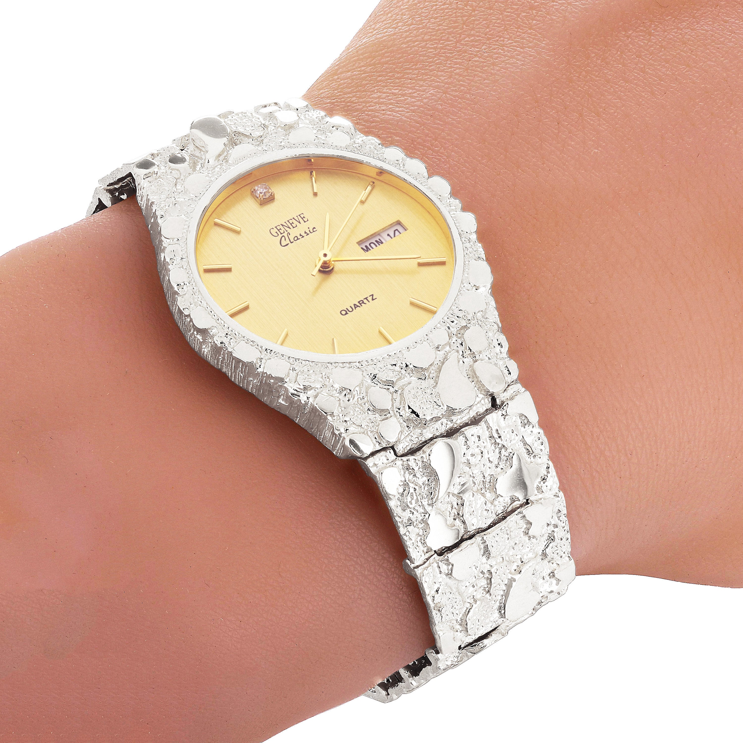 925 Sterling Silver Nugget Wrist Watch Geneve Diamond Watch 8-8.5" Straight Band