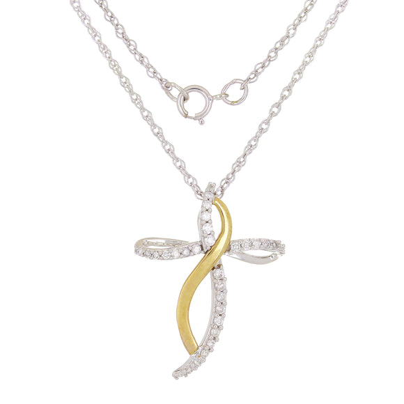 10k Two Tone Gold 0.25ctw Diamond Swirling Ribbon Cross Pendant Necklace 18