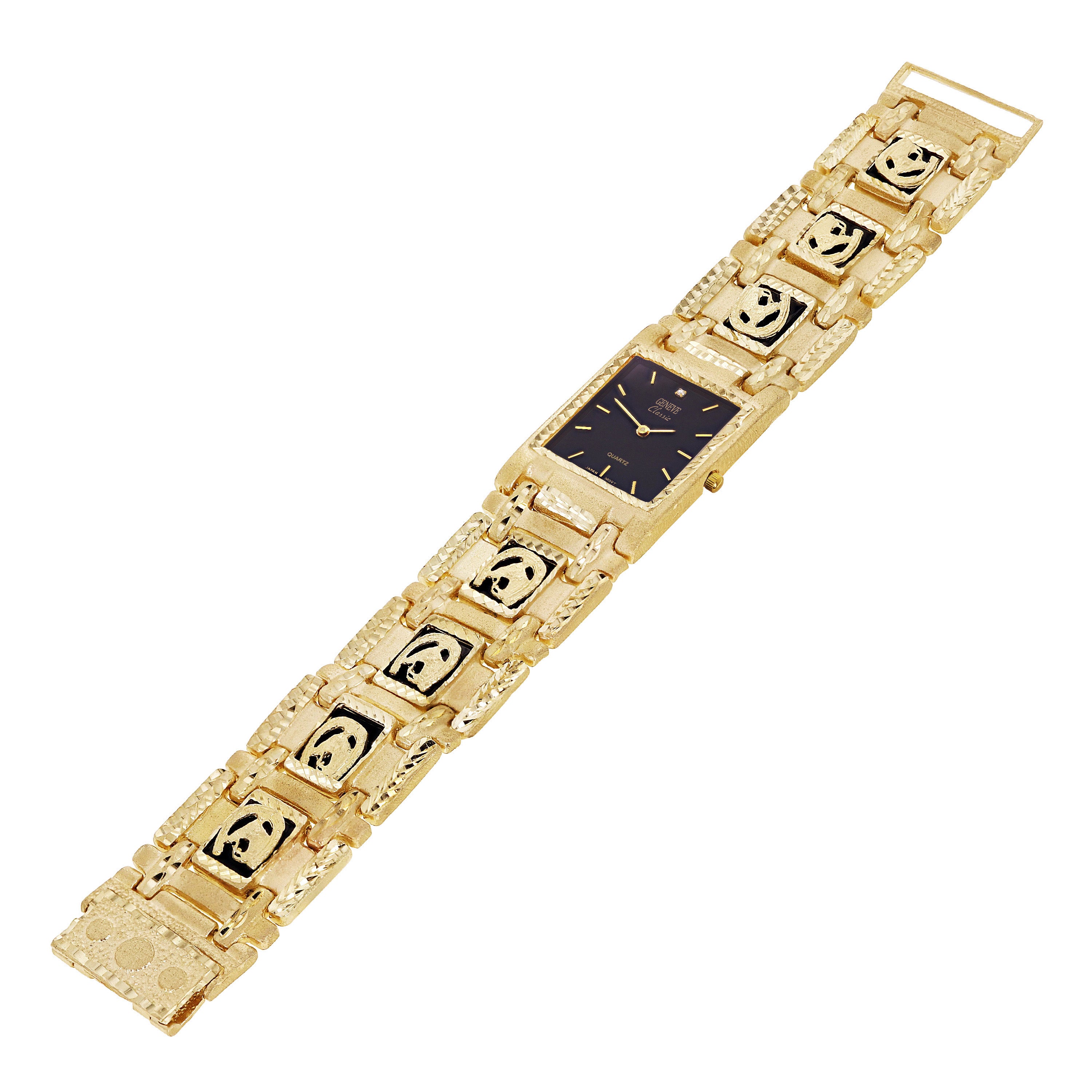 10k Yellow Gold Horse Shoe Black Onyx Bracelet Geneve Diamond Watch 7.5" 66.8g - Black Faceplate 7.5"