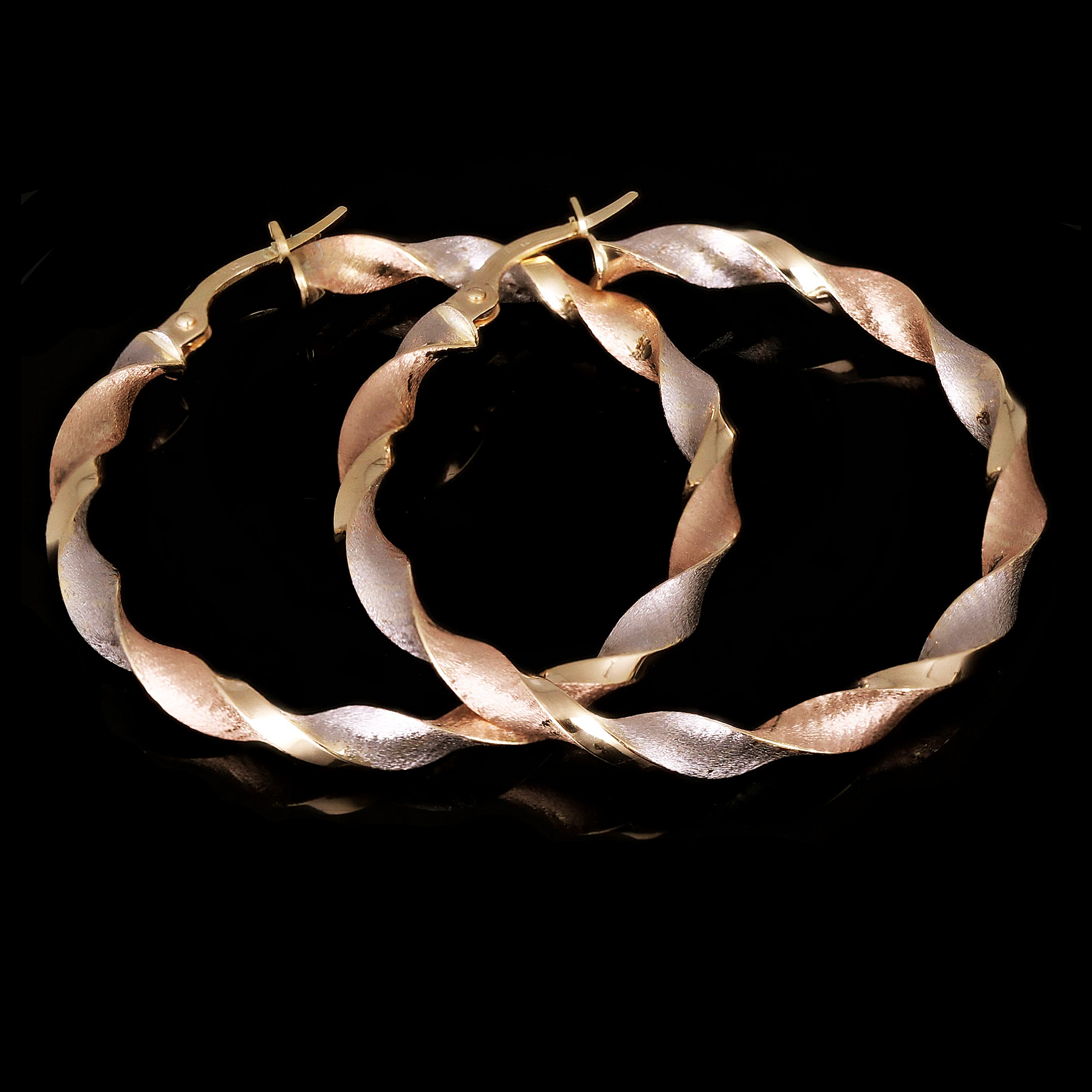 Italian 14k Tri-Color Gold Satin Twisted Hoop Earrings 1.5" 3mm 3.1 grams