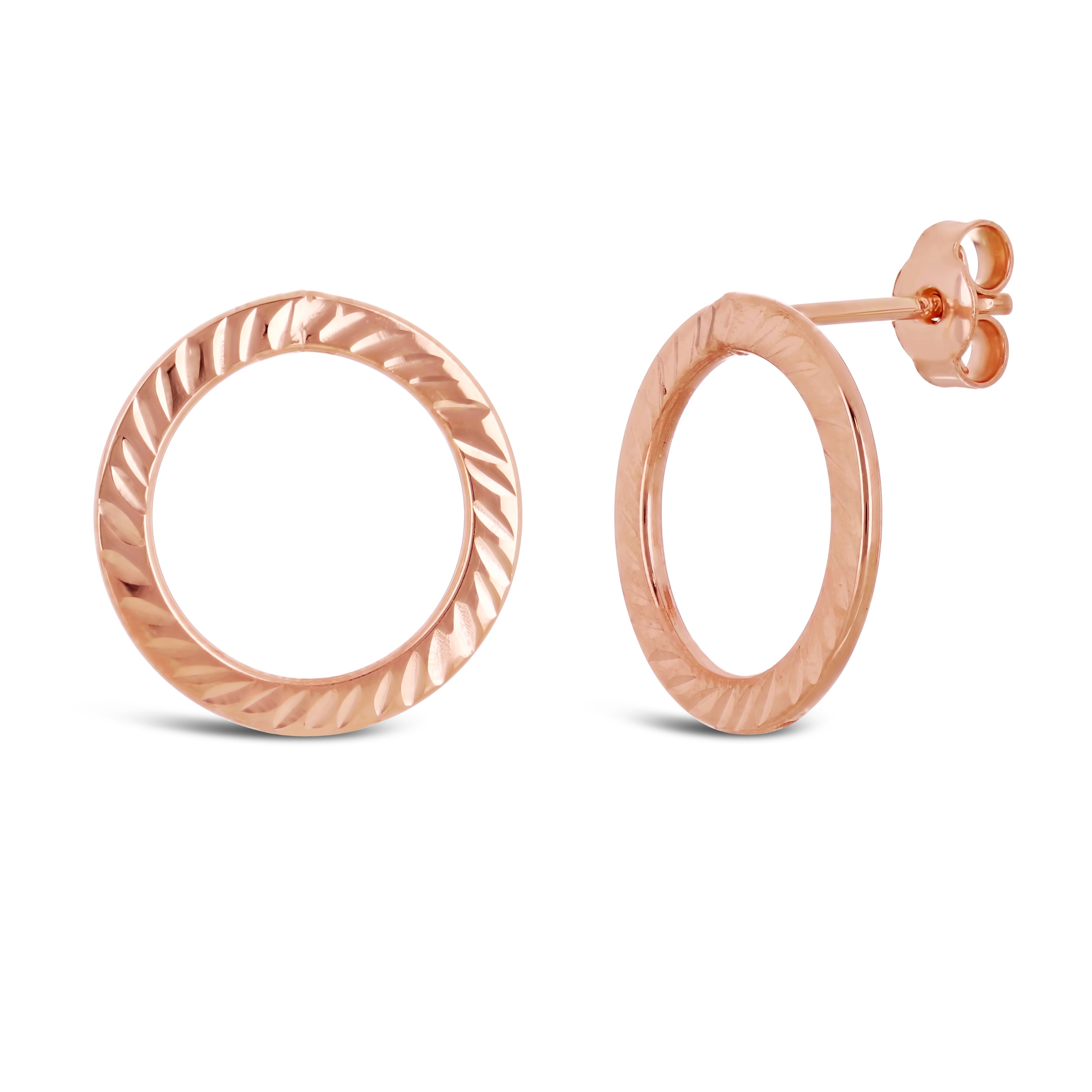 Italian 14k Rose Gold Diamond-Cut Eternity Circle Hoop Drop Stud Earrings - Rose