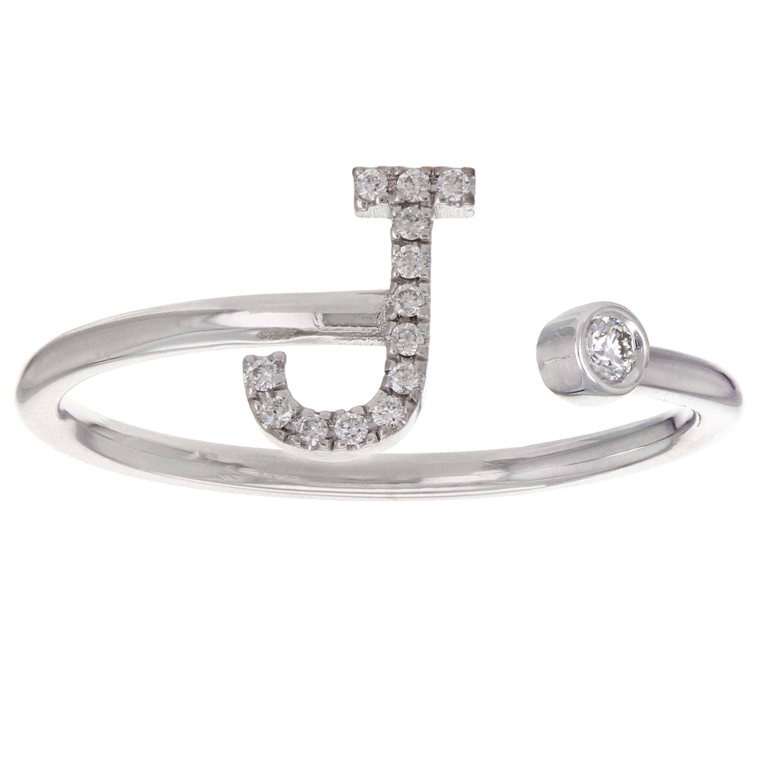 14k White Gold Diamond Initial Letter J Ring Size 6 - Letter J,White