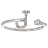 14k White Gold Diamond Initial Letter J Ring Size 6 - Letter J,White