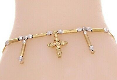 Italian 14k Two Tone Gold Ball Beads & Cross Charm Anklet Bracelet 9" 3.7 grams