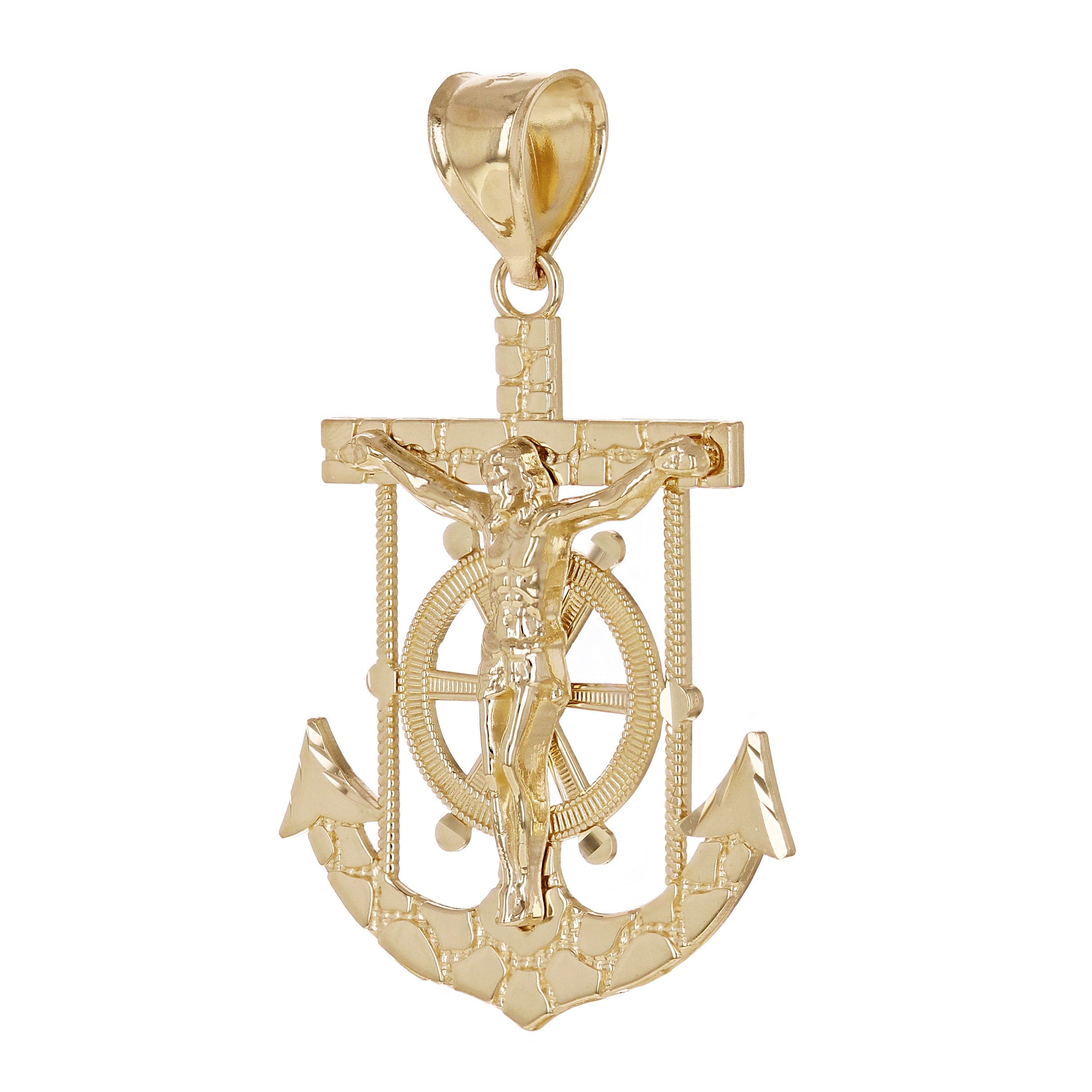 14k Yellow Gold Jesus Christ Crucifix Nugget Anchor Ship Mariners Pendant 1.6"