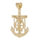 14k Yellow Gold Jesus Christ Crucifix Nugget Anchor Ship Mariners Pendant 1.6"
