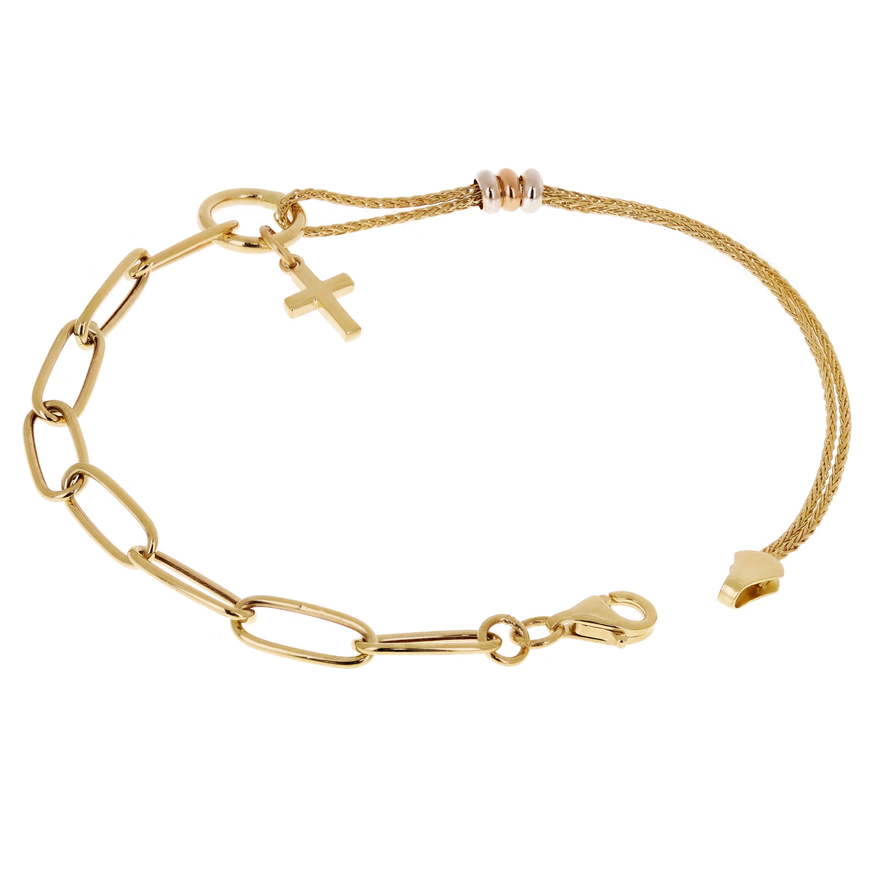 Italian 14k Tri Color Gold Wheat & Paper Clip Cross Charm Bracelet 7.5" 3 grams